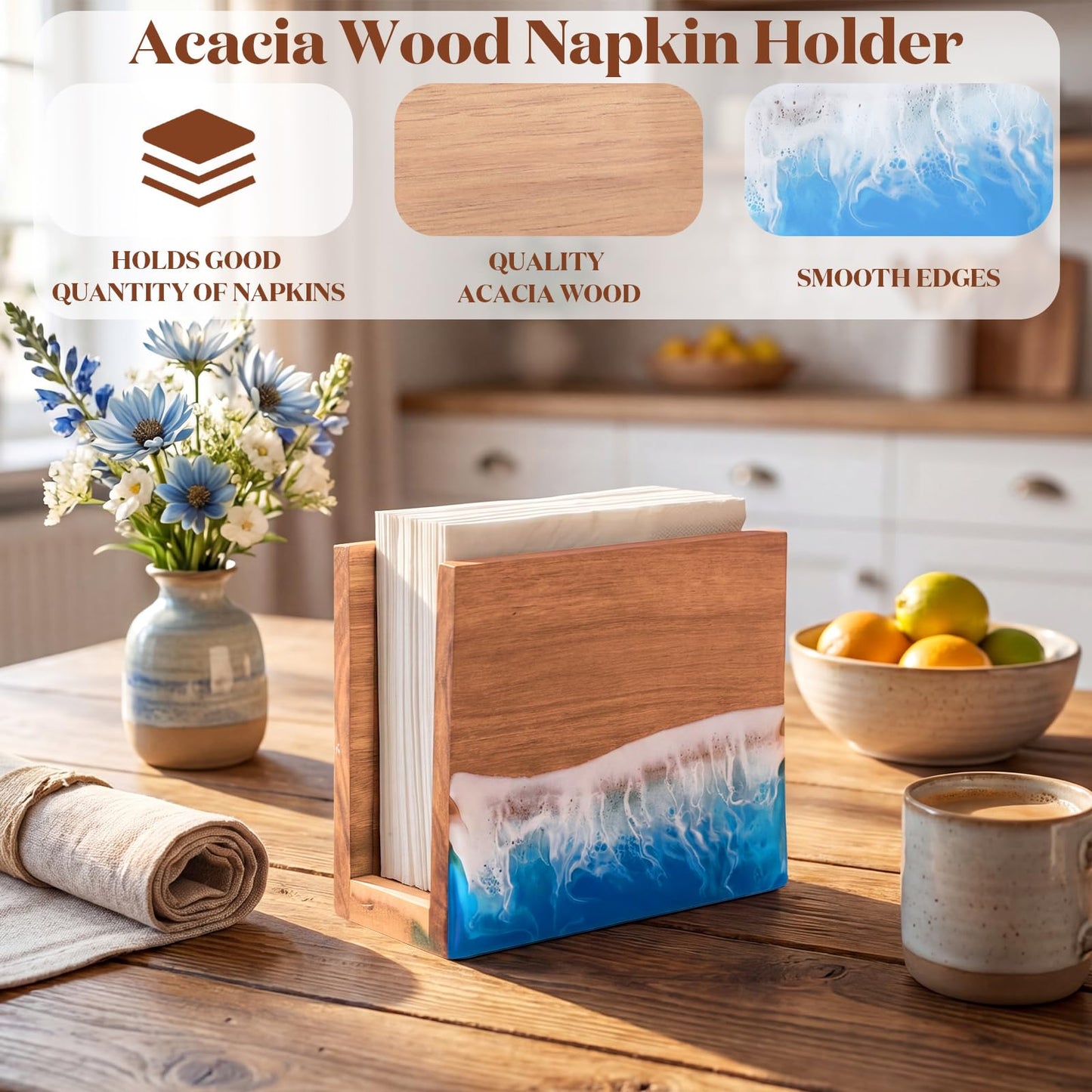 Hushee Acacia Wood Ocean Napkin Holder Resin Sea Wave Pattern Handcrafted, Wooden Rustic Farmhouse Standing Napkin Dispenser for Kitchen Dining Room Party Cocktail Outdoor Summer Use, 6" x 5.2" x 2.8"