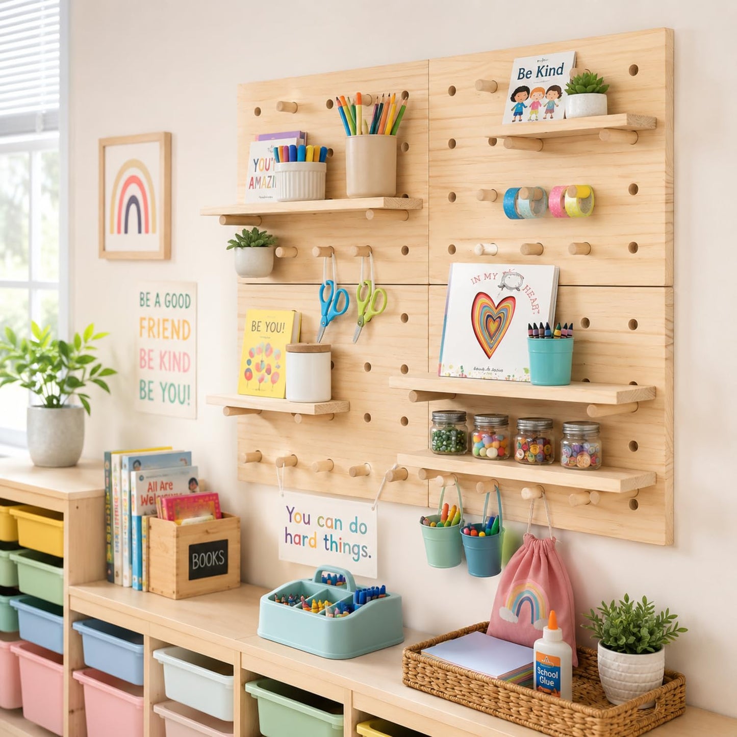 Gerrii 4 Pack Wood Pegboard Wall Organizer for Classroom 11.81 x 15.75 Inches Wooden Peg Board with Racks Hooks Modular Pegboard Organizer System for Teacher Supplies Student Work Display Office Craft