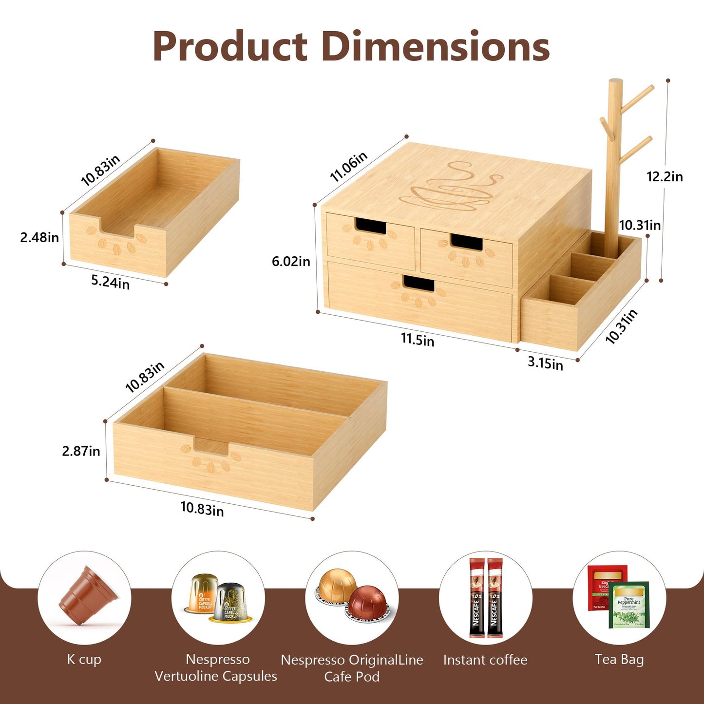 Coffee Pod Drawer, Wooden K Cup Holder with Tree Shape Mug Holder and Side Storage Box, 2-Tier K Pod Drawer Coffee Maker Machine Stand(80 Kcups+60 Tea Bags Capacity)