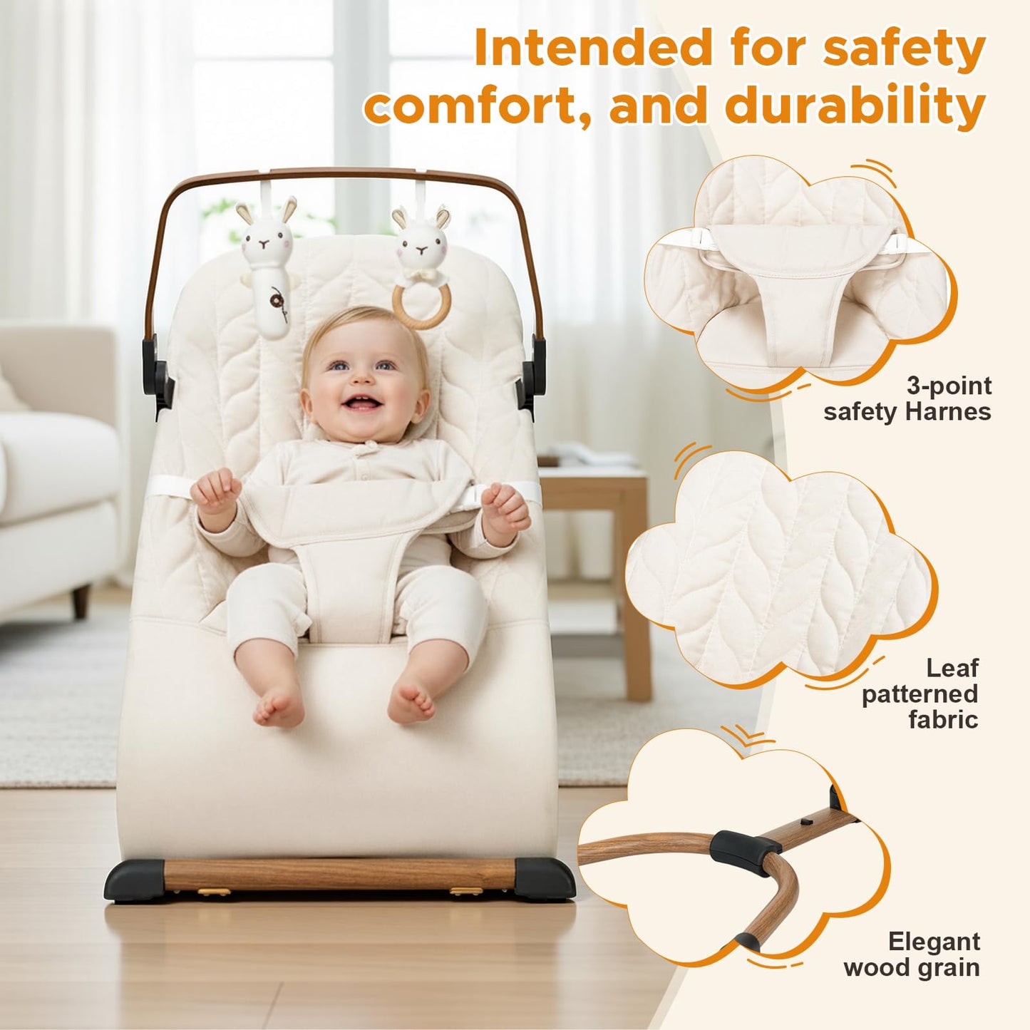 Portable Baby Bouncer, Bouncer Seat for Babies 0-12 Months, 3 Recline Positions, Foldable Baby Rocker Chair with Removable Wooden Bar, Beige