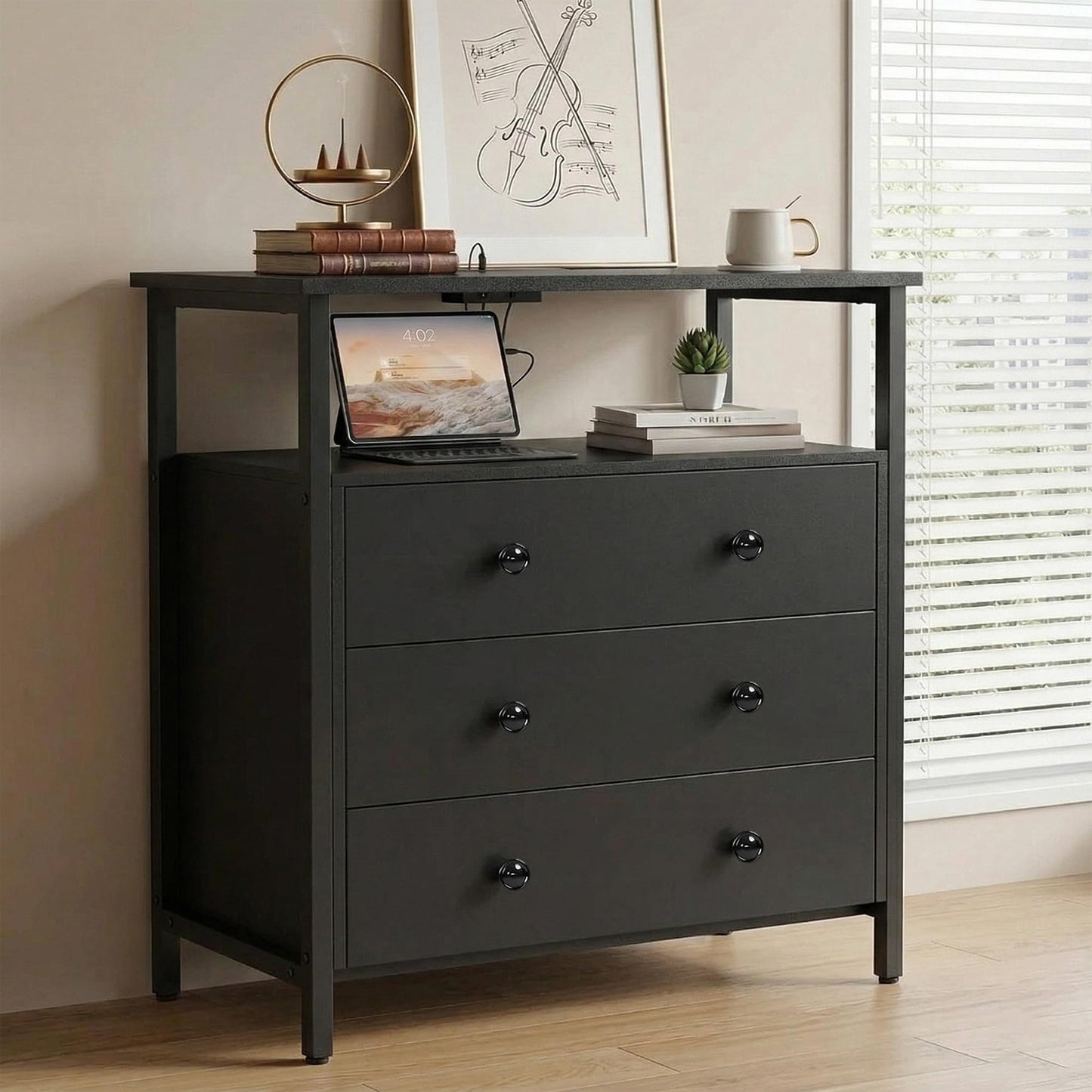 Edbuosy 3 Wooden Drawers Night Stand, 27 Inch Wide Nightstand with Charging Station and Adjustable Drawers, Small Dresser for Closet, Bedside Table for Living Room/Bedroom/Office, Black