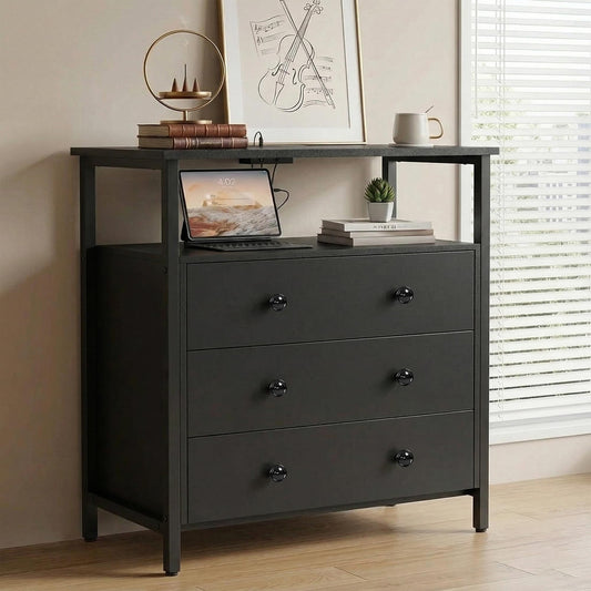 Edbuosy 3 Wooden Drawers Night Stand, 27 Inch Wide Nightstand with Charging Station and Adjustable Drawers, Small Dresser for Closet, Bedside Table for Living Room/Bedroom/Office, Black