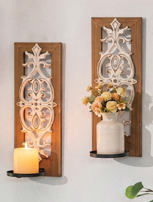 Farmhouse Wood Candle Sconces Wall Decor - Set of 2 Walasis Rustic Wall Candle Holder Decorative Carved Brown Candle Sconce Farmhouse Art Distressed Pillar Candles Holder for Fireplace Decor