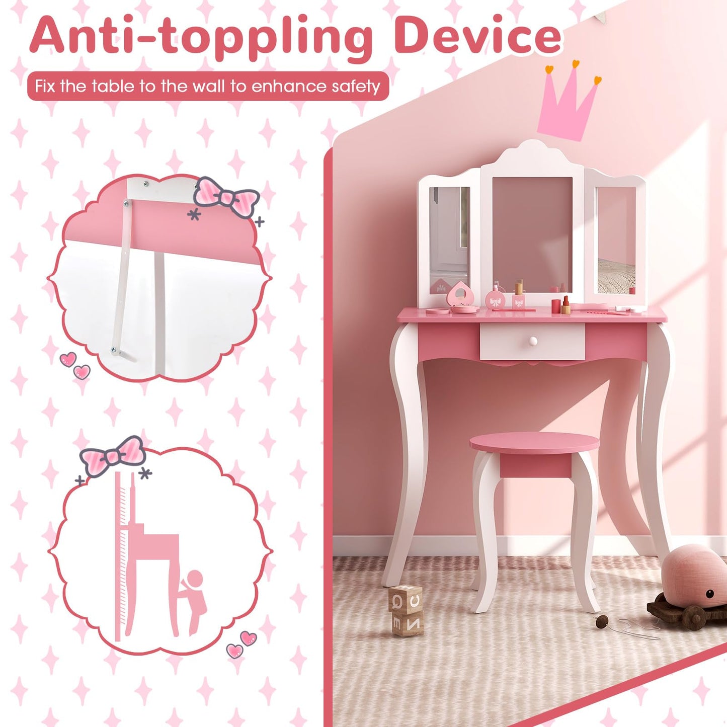 HONEY JOY Kids Vanity, Toddler Wooden Makeup Vanity Table & Chair Set, Tri-Fold Princess Mirror, Little Girls Vanity Set with Mirror and Stool (Pink)