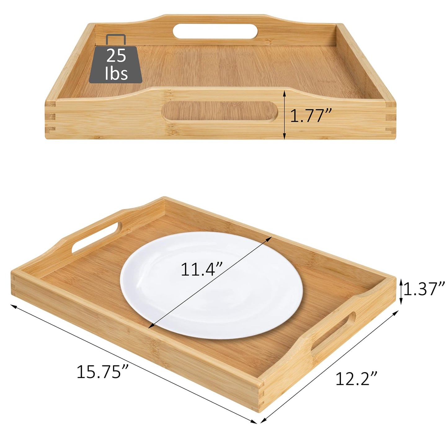 Bamboo Food Serving Tray with Handles, Breakfast Bed Tray for Tea,Snack,Dinner, Home Decorative Storage Food, Platter, Ottoman for Kitchen Counter, Bathroom, Restaurant (Beige)