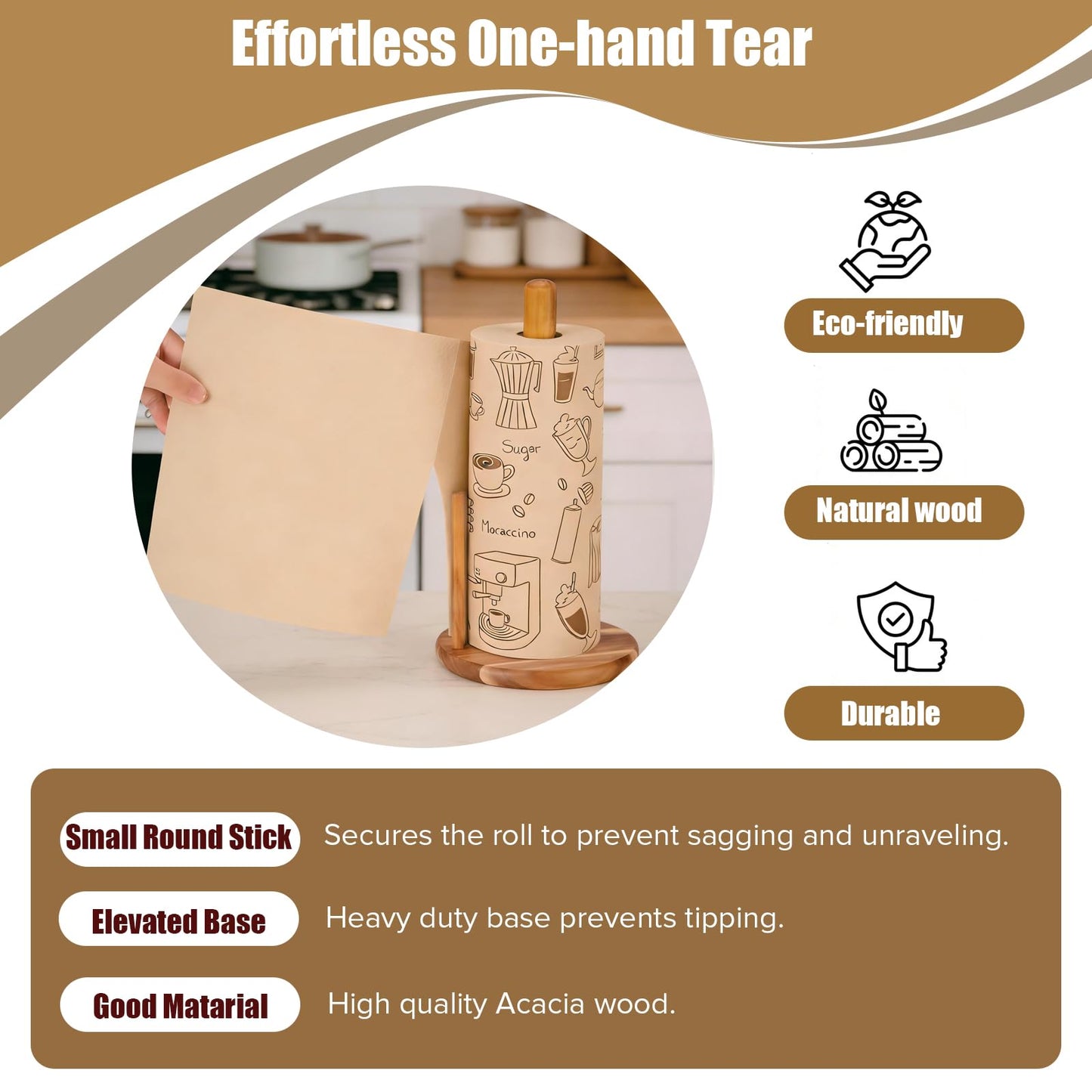 Onedeful Paper Towel Holder Countertop, Acacia Wood Kitchen Roll Holder with Anti-Slip Weighted Base, Paper Towel Stand for Kitchen Bathroom Dining Table Organize