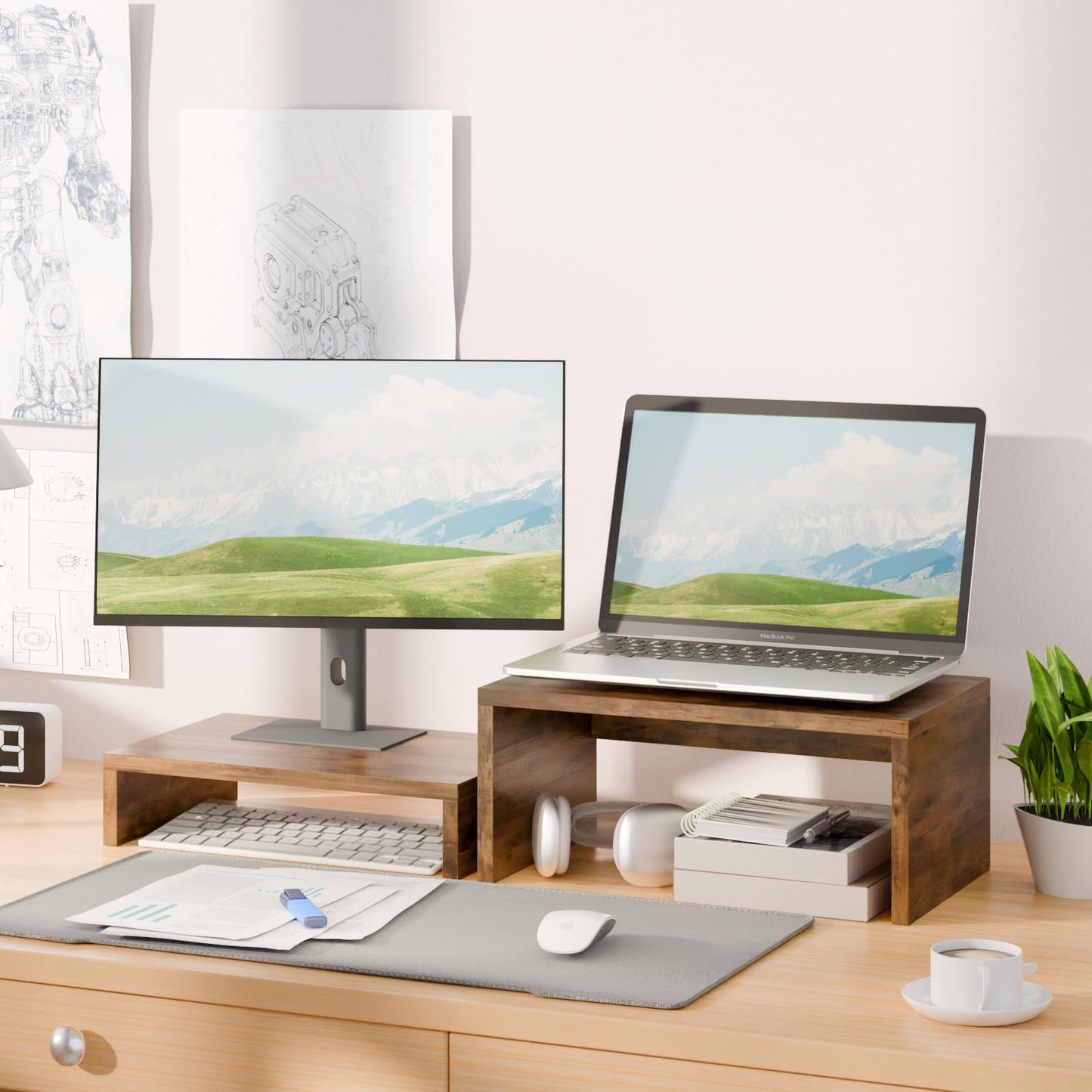 TEAMIX 14.2 inch + Riser-6.7 inch Monitor Stand TV/Screen/PC/Laptop Riser Computer Stand Desktop Shelf.