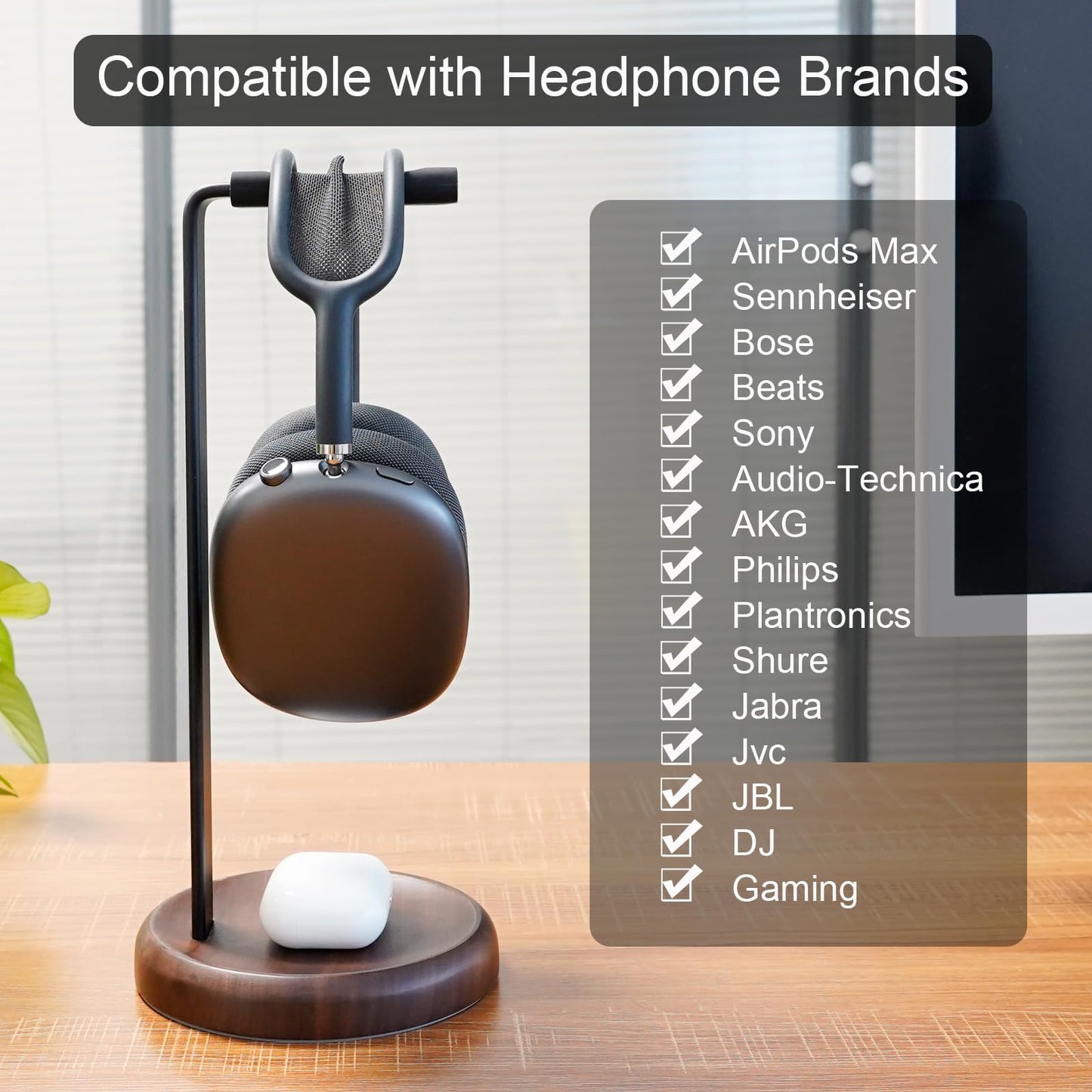 GEVO Headphone Stand for Desk - Walnut Wood & Aluminum Headset Stand, Universal Wooden Gaming Headphone Holder for AirPod Max, Bose, Sony, Razer, Jabra, JBL (Walnut Circular Base)