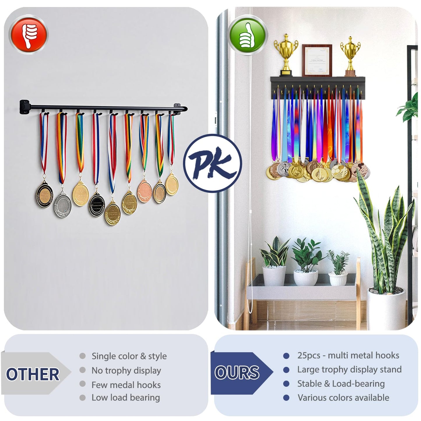 DSVENROLY Medal Holder Display Trophy Shelf Organizer, Sturdy Wooden Race Award Hanger Rack with 25 Steel Hooks, Wall Mount Storage Stand for Sports Fans, Cheer Success, Retro Grey