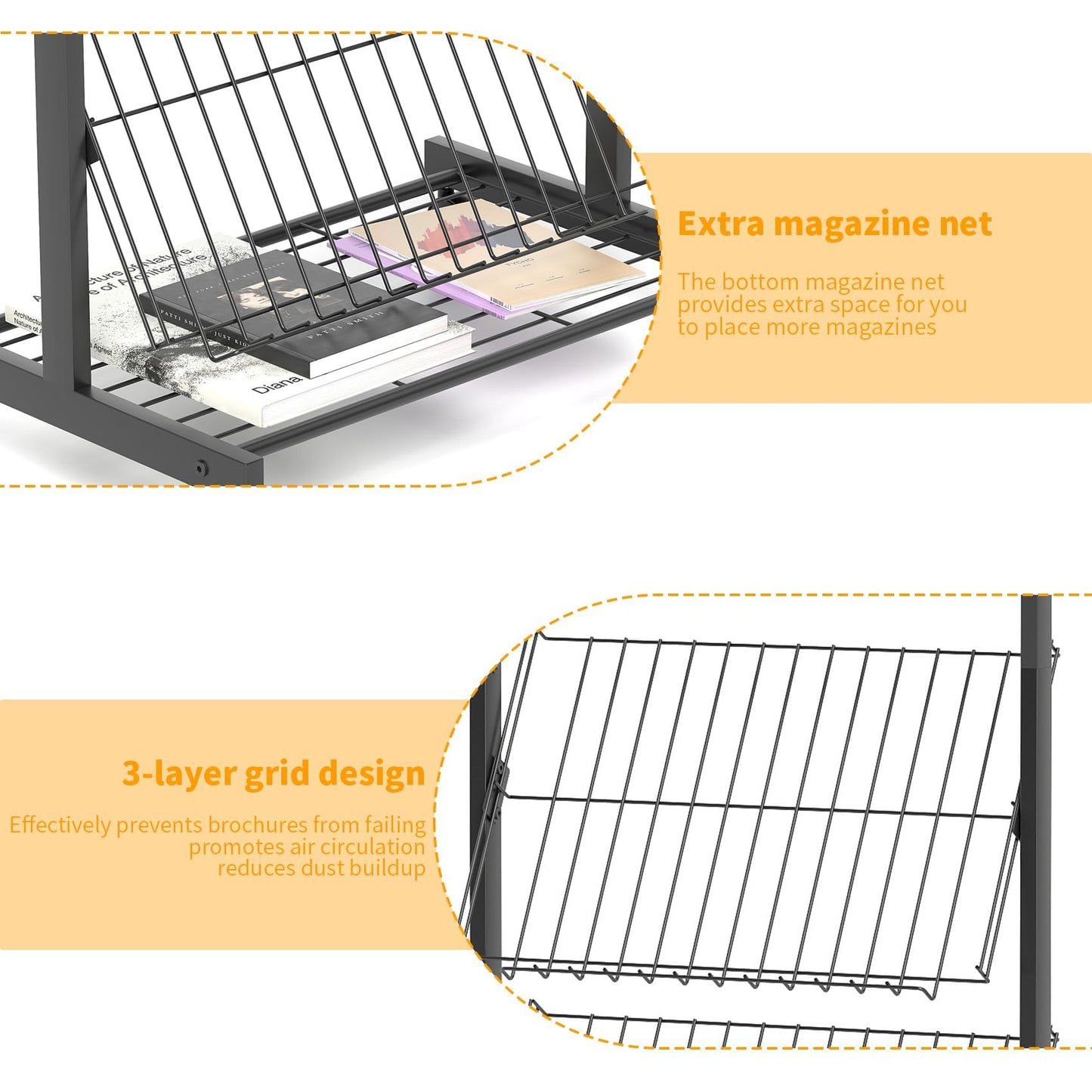 lesolar Floor-Standing Magazine Rack with Poster Board Stand, 4-tier Metal Magazine Rack with Wheels, Newspaper Holder, Book Brochure Display Stand, Poster Sign Holder for Exhibitions Store Business