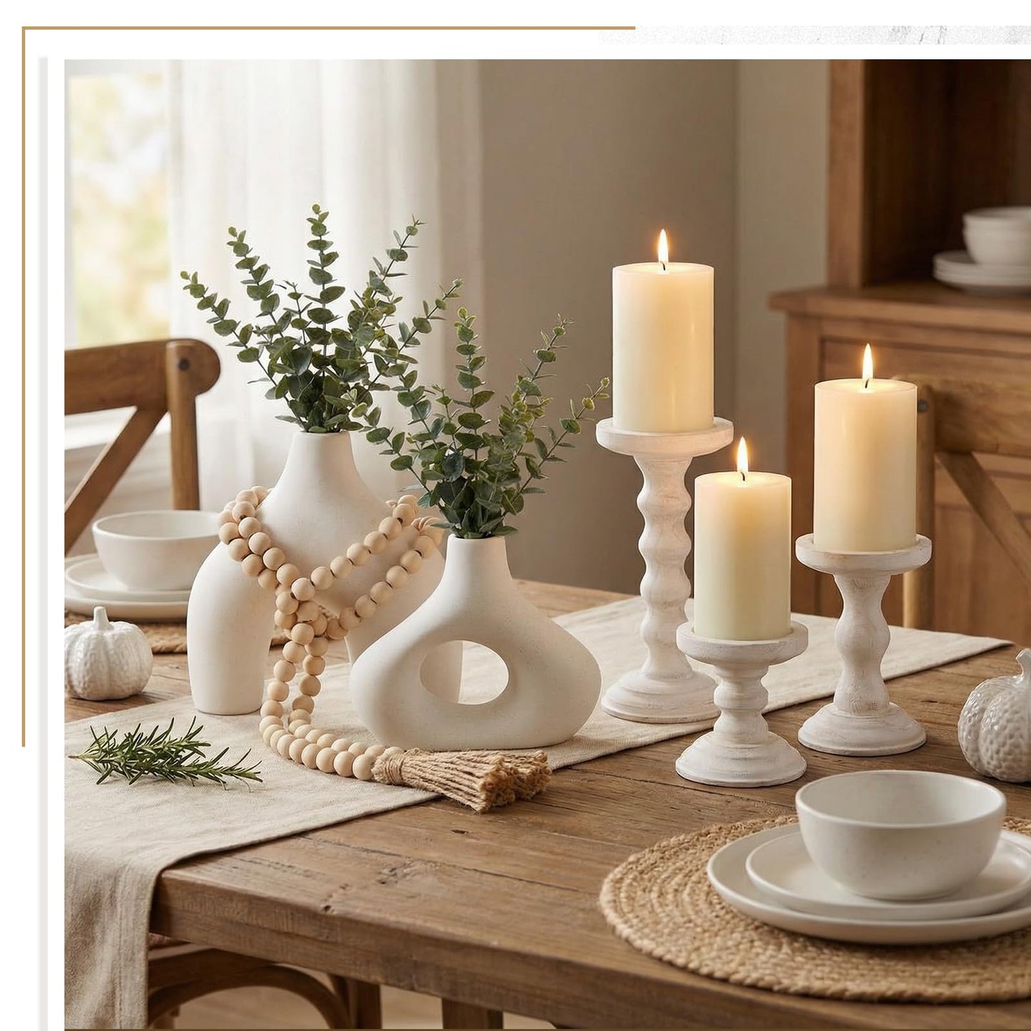 LemonRoad Farmhouse Fireplace Home Decor Set of 6 with 3 Pack Rustic Wooden Pillar Candle Holders, 2 Set Modern Vase for Living Room, 58'' Wood Bead Garland Tassels, Tabletop Dinning Buffet Decor