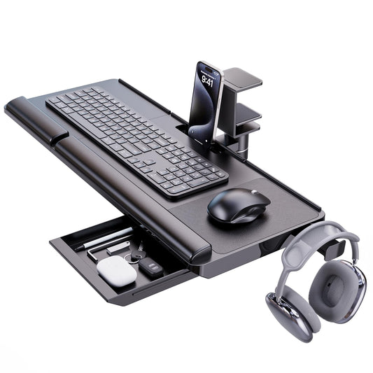 Klearlook Keyboard Tray Under Desk with 360° Rotation, Ergonomic Computer Keyboard & Mouse Tray 25"W×11.02"D Sit Stand Desk Keyboard Holder w/Wrist Rest & Storage Drawer (Height is not Adjustable)