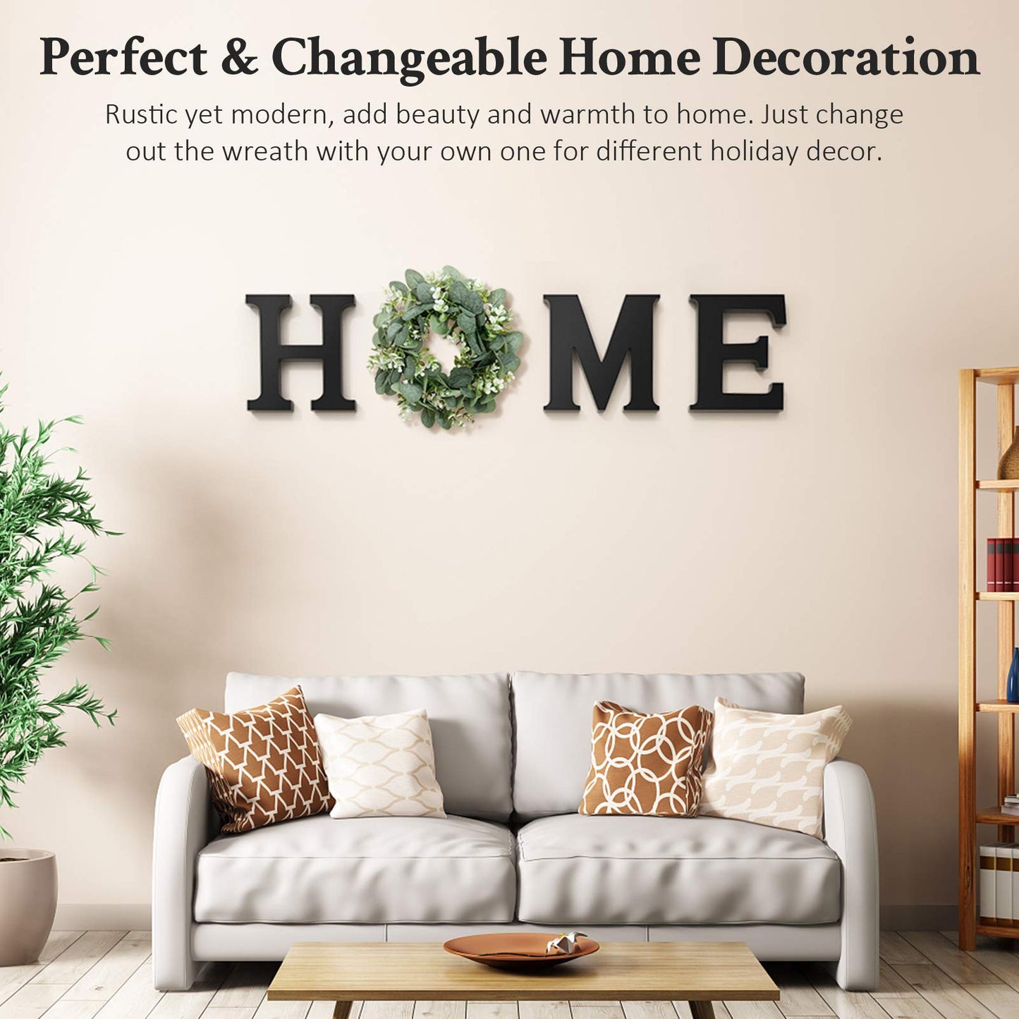 Wooden Home Letters with Wreath Artificial Eucalyptus Modern Decorative Hanging Farmhouse Sign for Living Room & Kitchen - Housewarming & Couple Gifts - Christmas Decoration