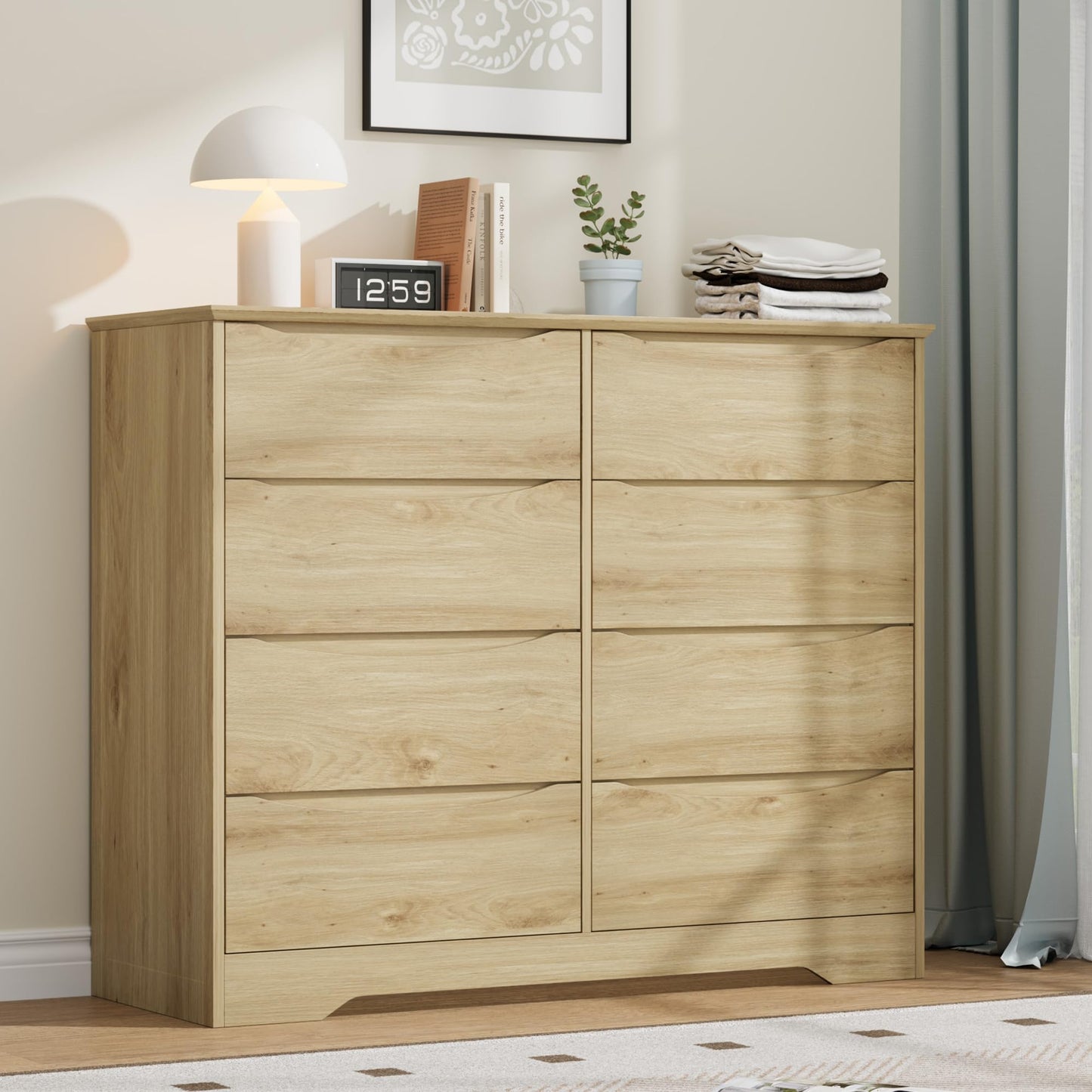 Garvee Wooden Dresser with 8 Drawers, Tall Modern Closet with Deep Storage, Large Chest of Drawers with Wide Top, Long Storage Dresser for Bedroom, Living Room, Hallway, Kids Room, Natural