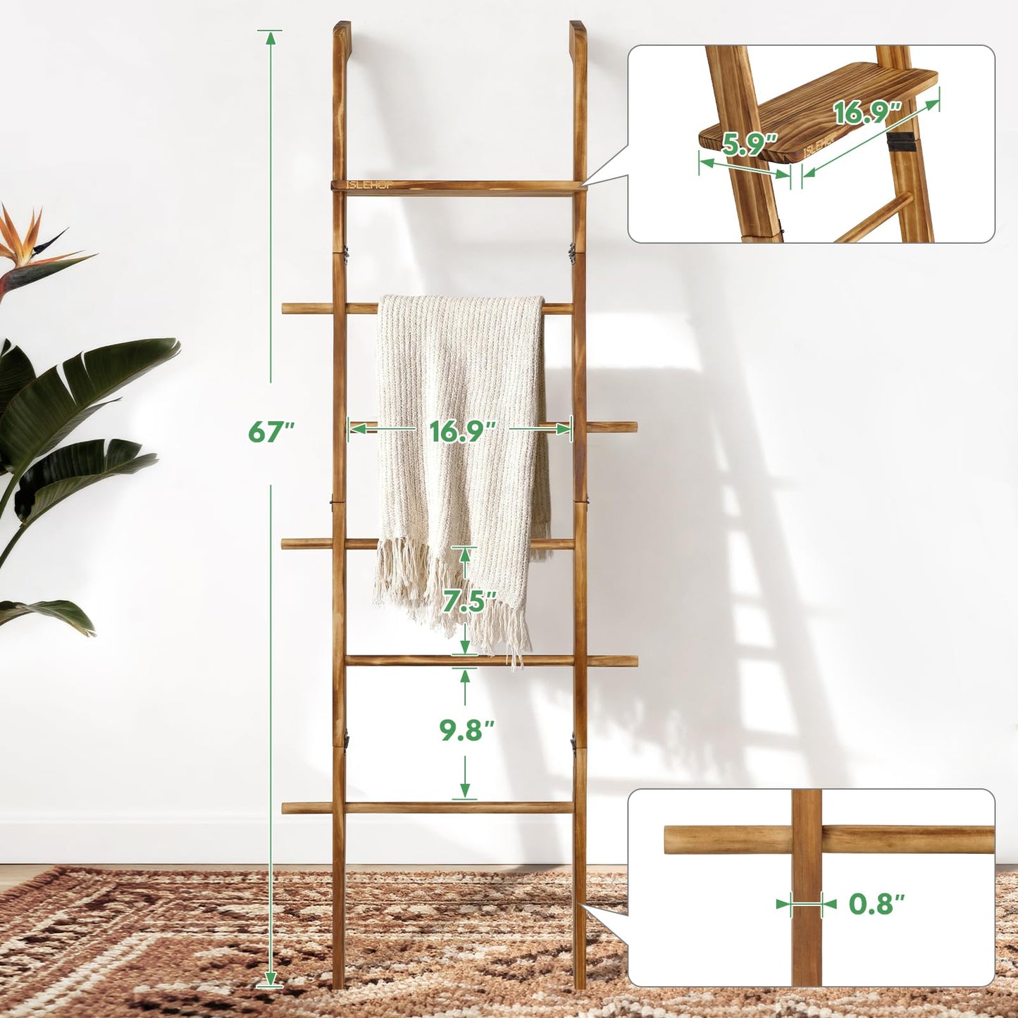 ISLEHOP 67" Wooden Blanket Ladder with Shelf and Hooks, 6-Tier Blanket Ladder for Living Room, Wall-Leaning Towel Ladder and Quilt Rack Storage, Farmhouse Decor Ladder for Display