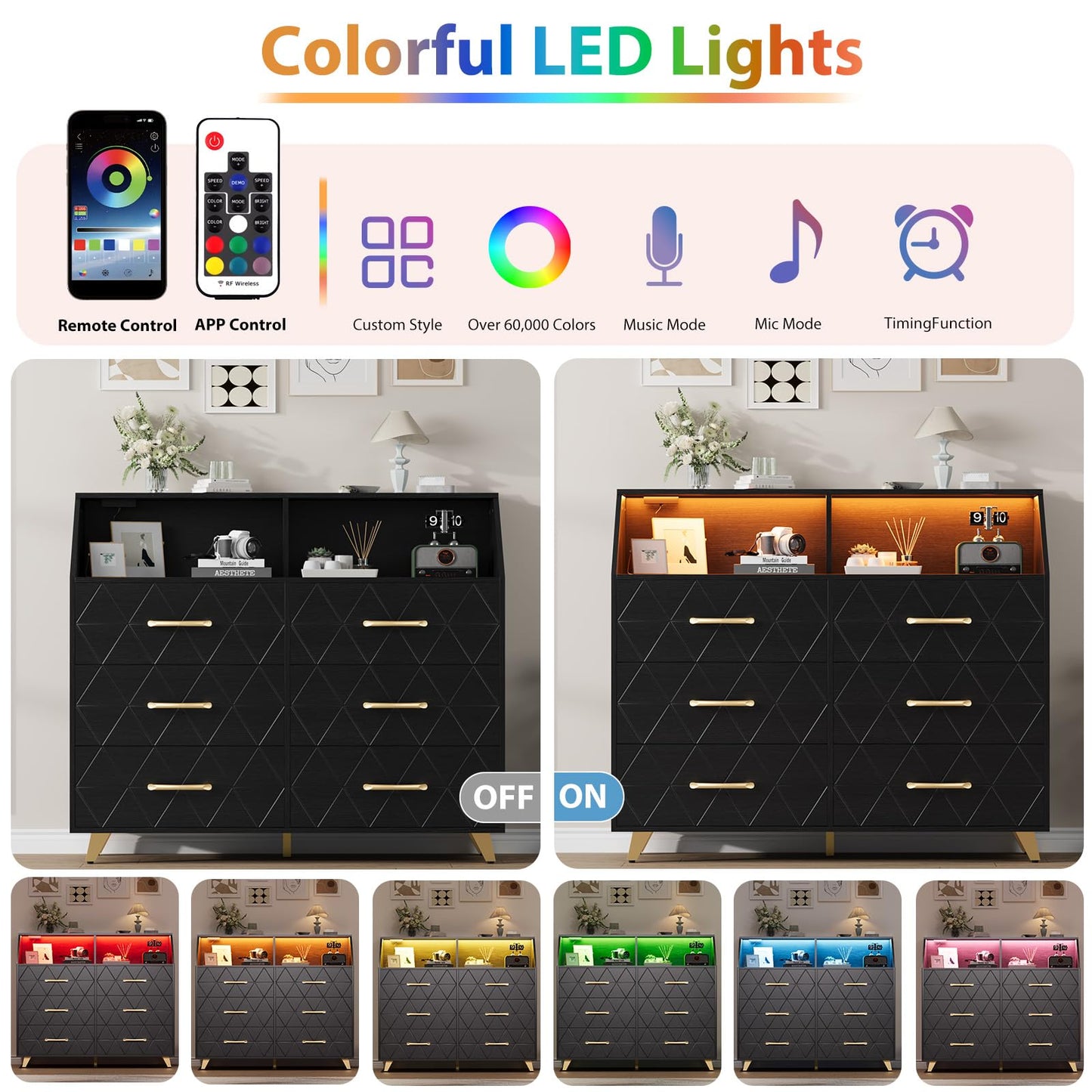 GarveeLife Modern 6 Drawer Dresser with LED Lights & Charging Station - Spacious Wooden Storage Cabinet - Sturdy Metal Legs - Ideal for Bedroom, Living Room, Hallway, Entryway - Color: Black