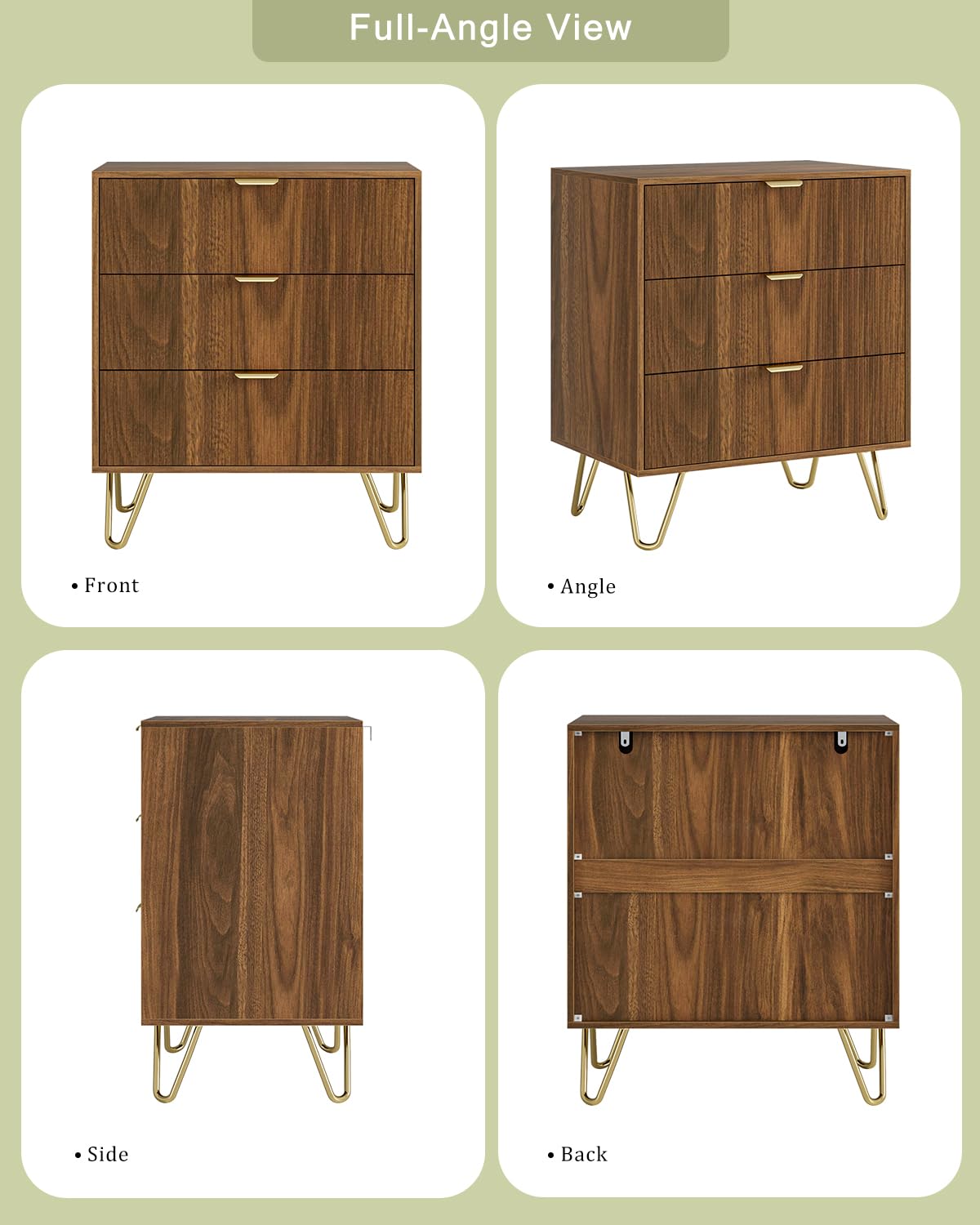 AEPOALUA Walnut Dresser for Bedroom, Modern Fluted 3 Drawer Dresser with Storage, Dresser Chest of Drawers with Gold Handles for Bedroom, Living Room, Closet, Hallway, 15.8" D x 23.6" W x 27.6" H