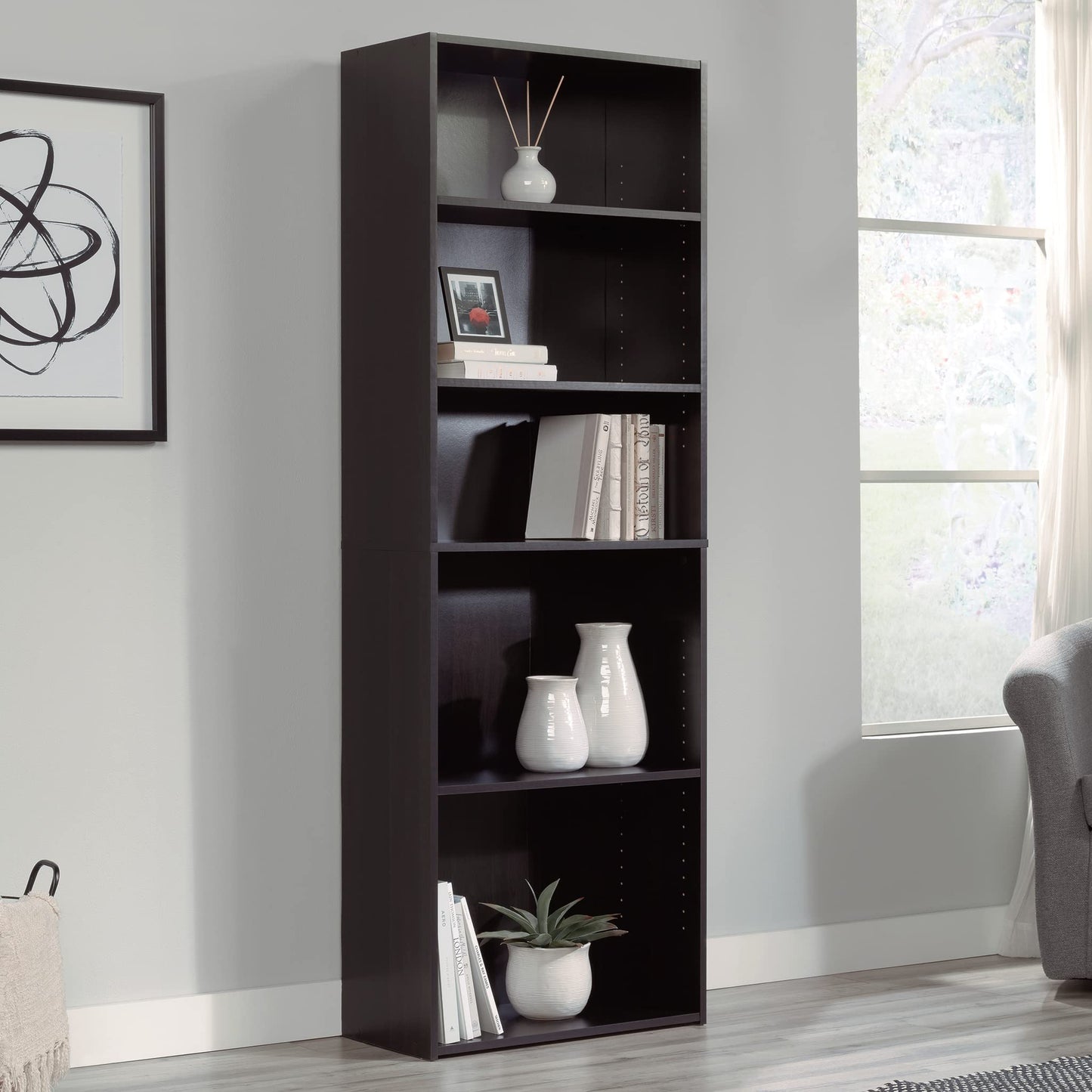 Sauder Beginnings 5-Shelf Bookcase, Bookshelf with Adjustable Storage Shelves, in Cinnamon Cherry finish
