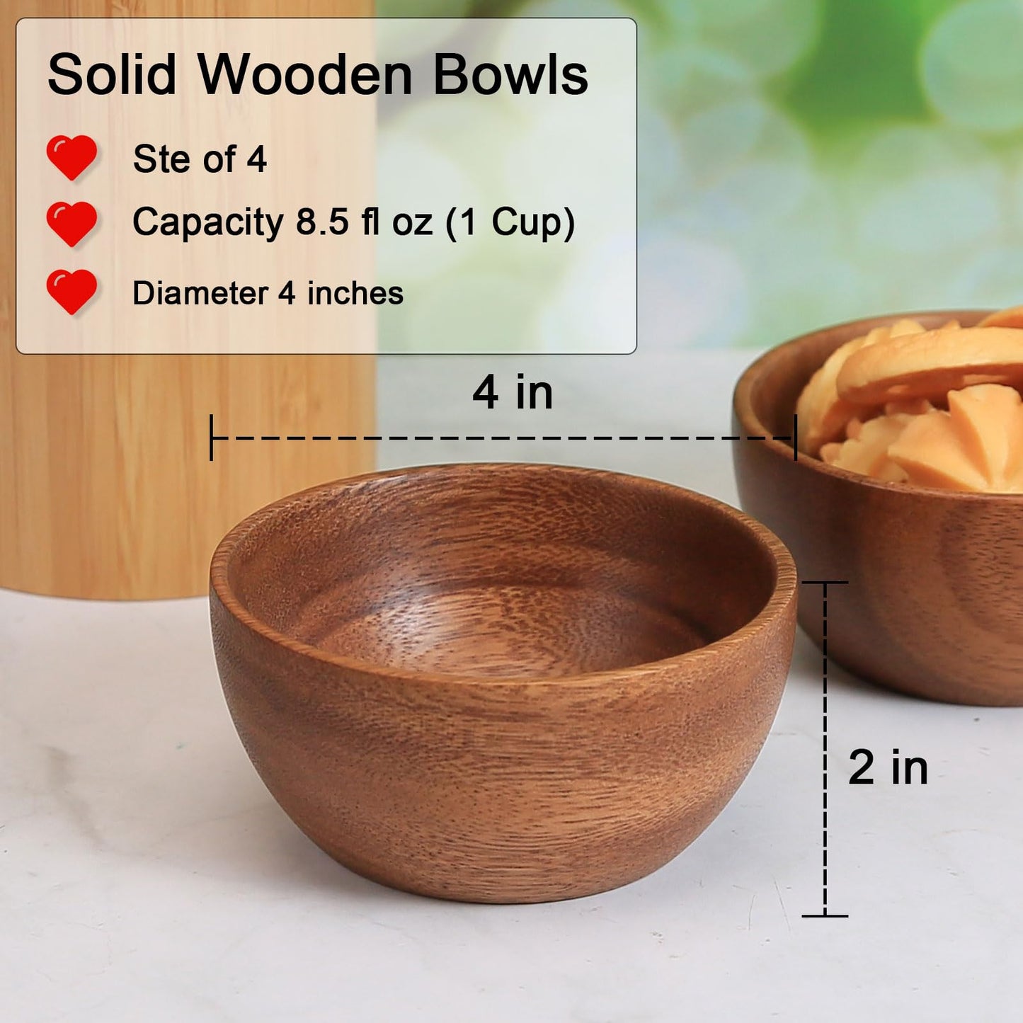 MeowAroma Solid Acacia Wood Bowls Set of 4, 4 Inch Wooden Serving Bowls - Handmade Ramekins for Dips, Charcuterie Board, Snacks & Salads | Farmhouse Kitchen Decor & Gift Idea