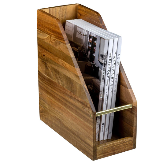 MyGift Premium Hotel Series Solid Acacia Wood Desktop Magazine File Holder Bin with Brass Tone Metal Accent, Vertical Office Desk Document Folder Binder Storage Organizer Rack