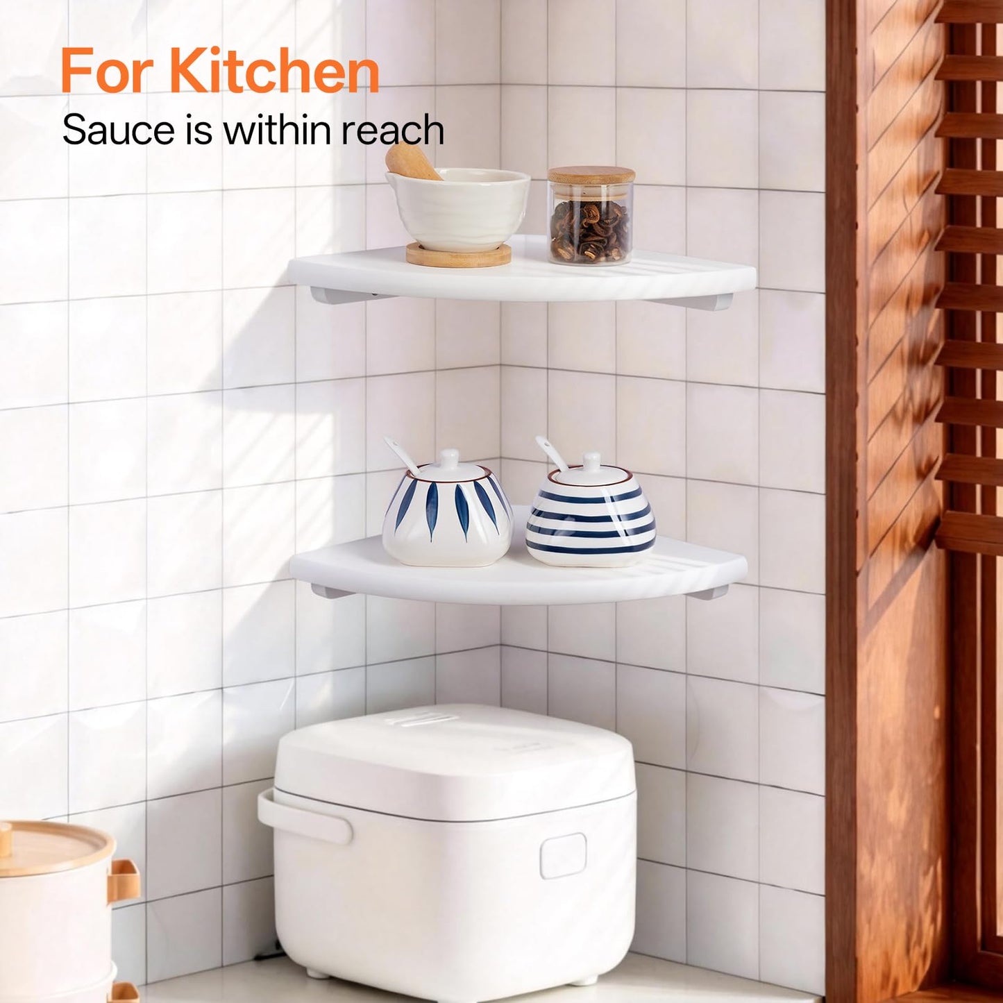 Gieanoo Floating Corner Shelves Set 2 7inch White Solid Oak Rounded Corner Shelves Wall Mounted with Cable Hole Wood Corner Hanging Shelves for Living Room Bedroom Bathroom Kitchen