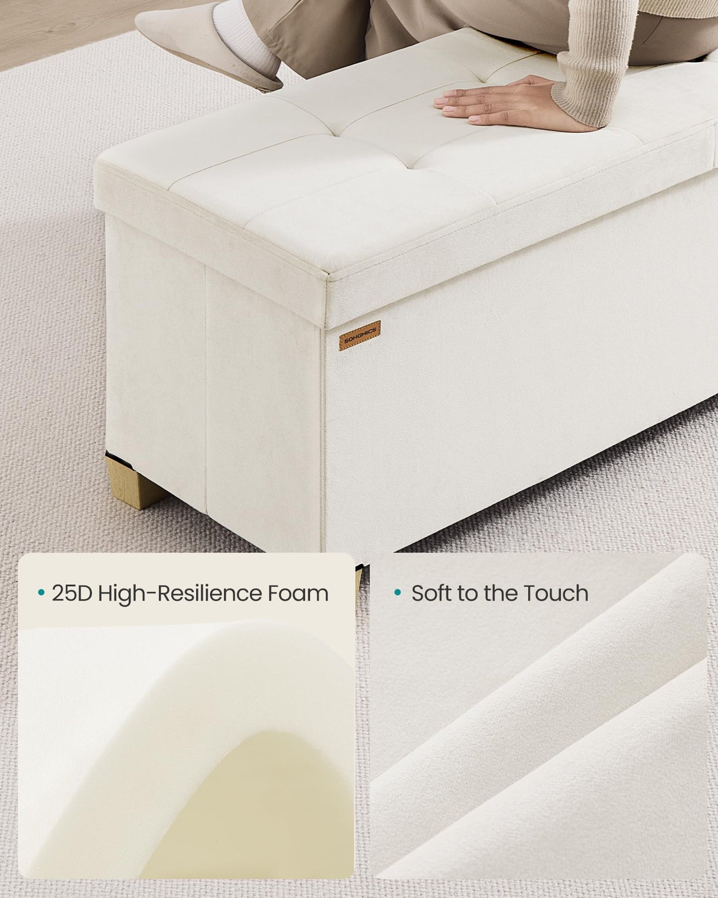 SONGMICS Storage Ottoman Bench with Legs, Folding Ottoman Foot Rest with Flipping Lid, Bench with Storage, for Living Room, Bedroom, Entryway, Velvet, 43.3 Inches, Cappuccino Beige ULSF083LH01