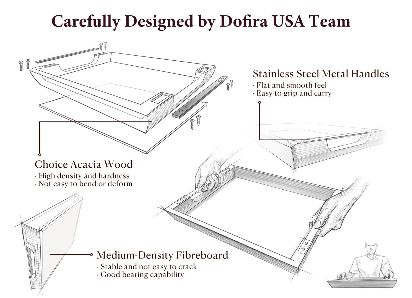 Dofira Acacia Wood Serving Tray with Metal Handles, 15x10 Inch Decorative Tray for Coffee Table Ottoman - Rustic Wooden Breakfast & Drink Tray, Farmhouse Centerpiece