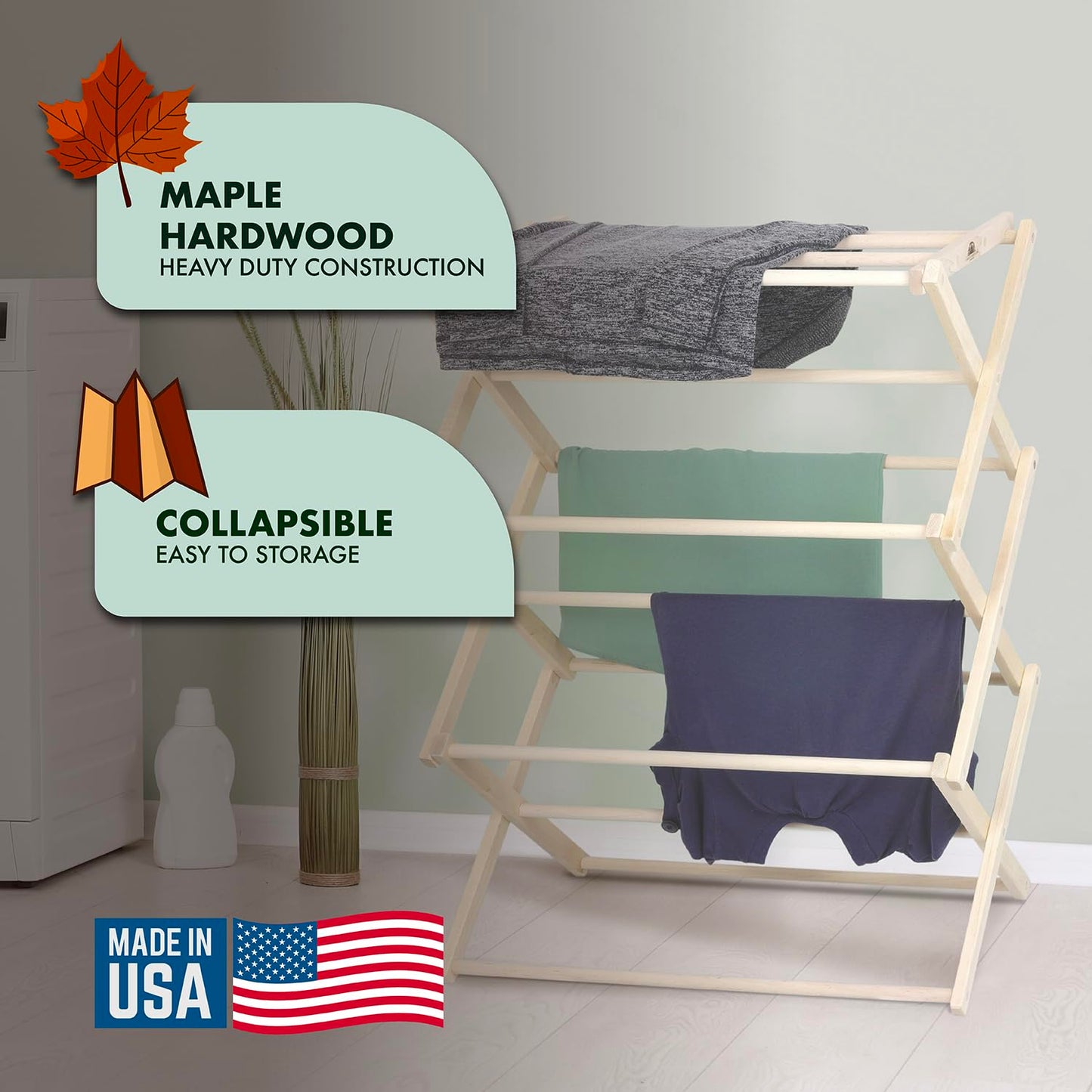 Pennsylvania Woodworks Premium American Maple Clothes Drying Rack - Handcrafted in Pennsylvania - Solid Wood Construction, Collapsible, Eco-Friendly Laundry Solution (Large)