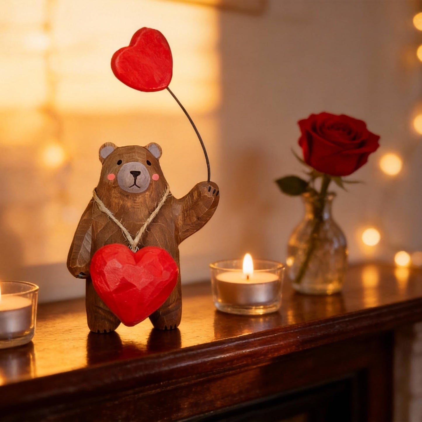 Hand Carved Wooden Bear Figurine with Red Heart - Cute 4 Inch Animal Statue for Rustic Home Decor - Romantic Valentine's Day, Anniversary, & Birthday Gift for Her, Him, or Couples - Gift Box Included