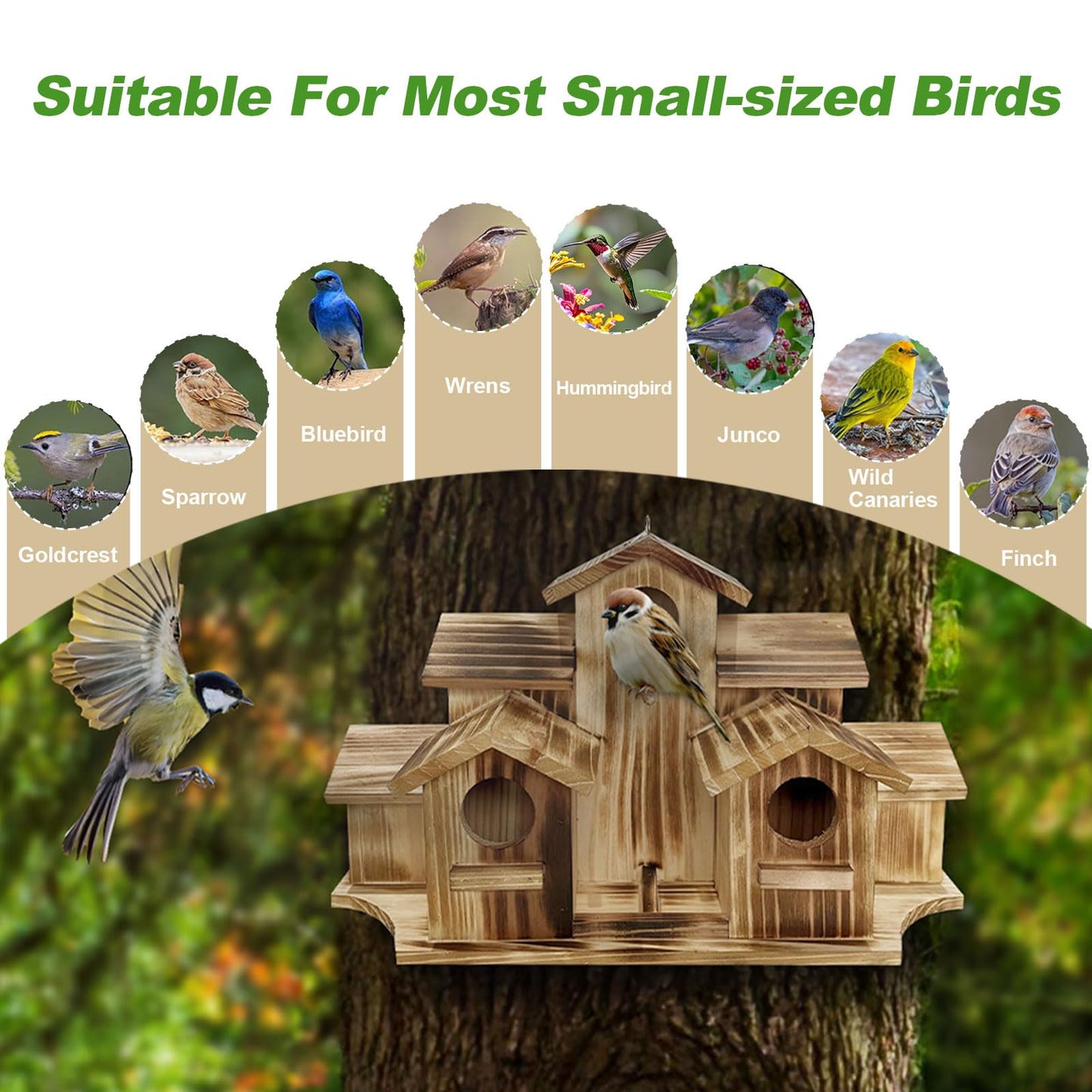 Wooden Bird House for Outside, 7-Compartment Large Birdhouse Castle with Perches, Weatherproof Burnt Wood Hanging Bird Nest for Garden Patio, Decorative Bird Shelter for Bluebird, Finch, Sparrow