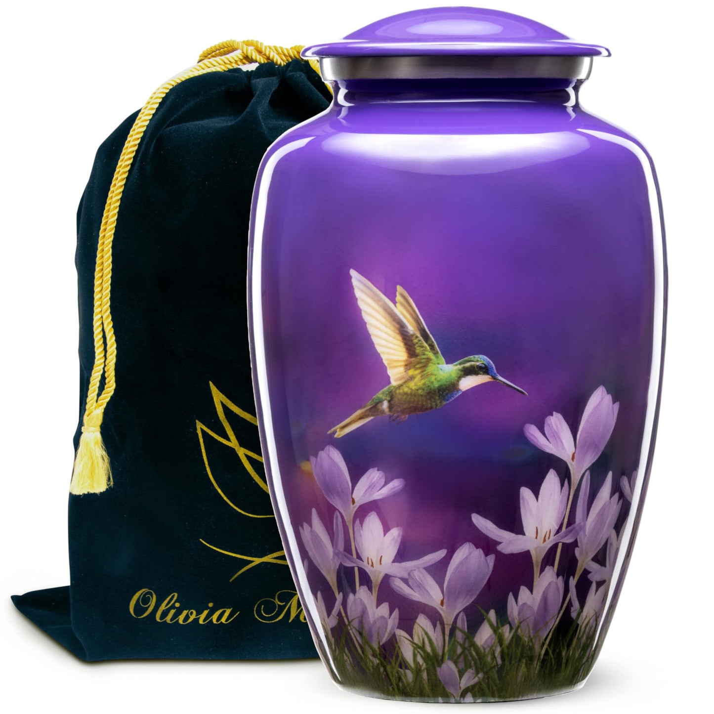 Olivia Memorials Urn for Ashes Women Men Adult | Hummingbird Urns for Female Male | Free Pendant Necklace | Human Funeral Decorative Purple Urna for Mom Dad Pet Dog