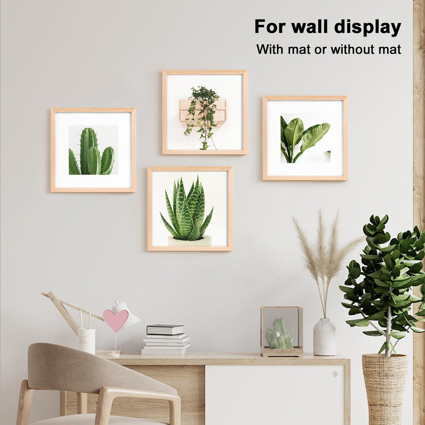 KINLINK 12x12 Picture Frames, 4 Pack Natural Solid Wood Square Frames for Art, 8x8 Matted or 12x12 Frame without Mat, Wall Display Photo Frame