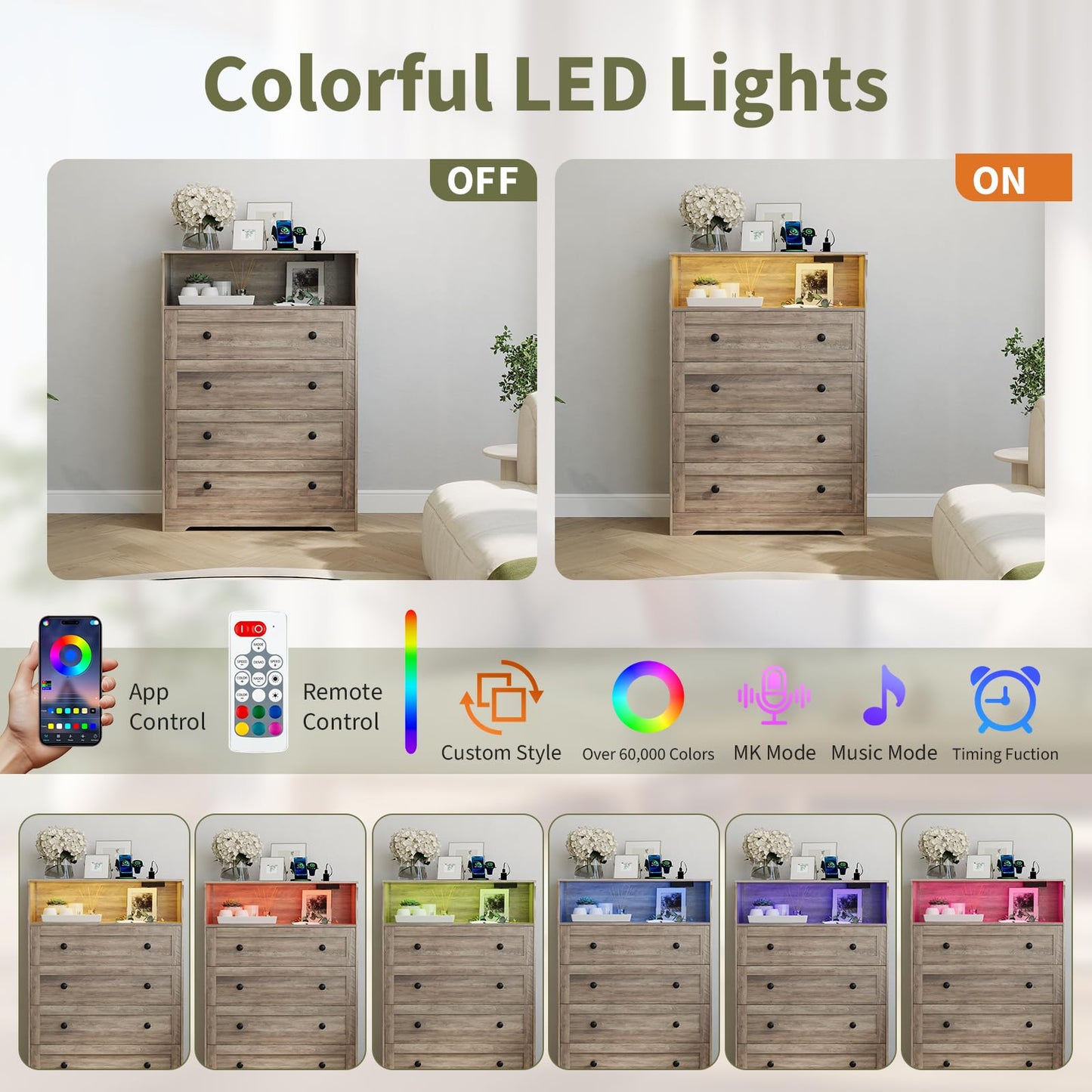 GarveeHome Tall Dressers with 4 Drawer Storage and LED Lights, Gray Wood Chest of Drawers with Charging Station for Bedroom, Living Room, Closet, Hallway, Wooden Nightstand Dresser for Bedside