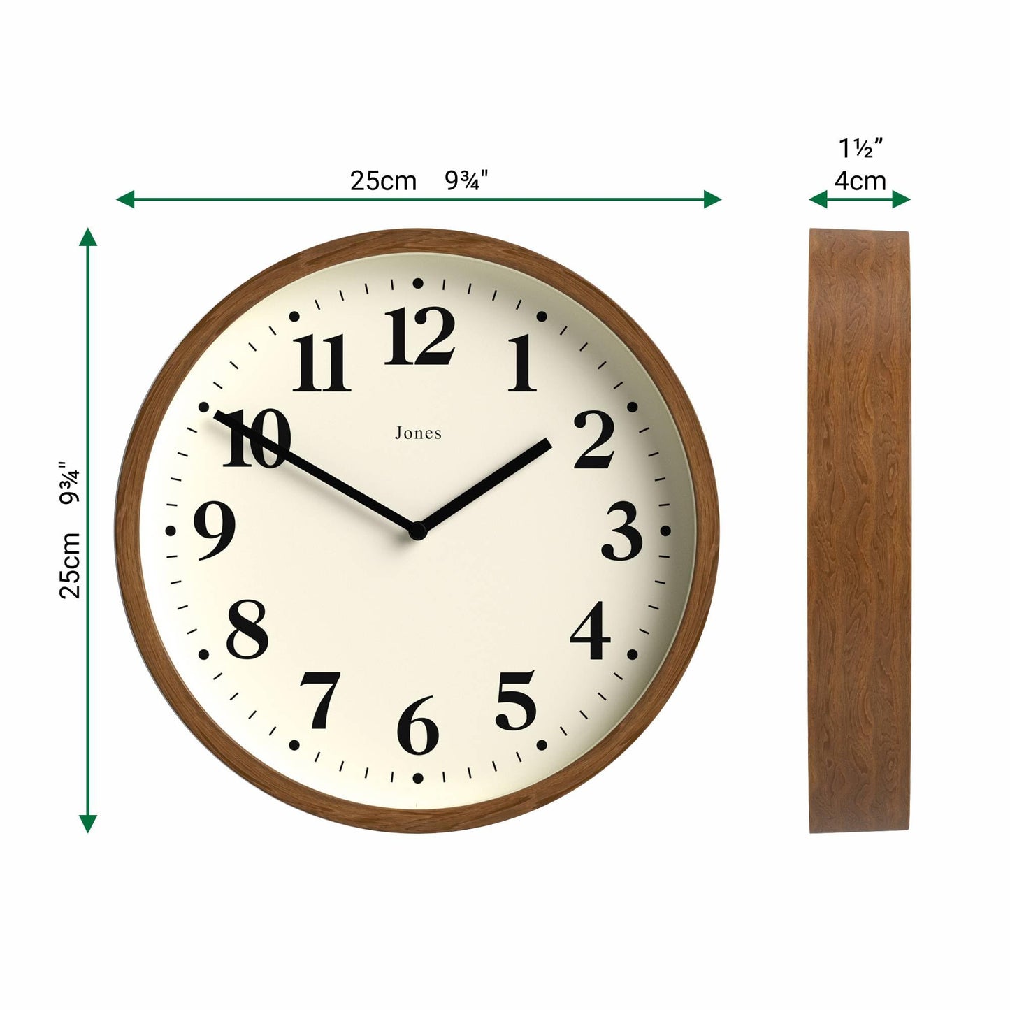 JONES CLOCKS® Lodge wall Clock | Small Modern Clock | 10 inch | Dark Faux Wood | Classic Contemporary Style for Kitchen, Living Room or Office