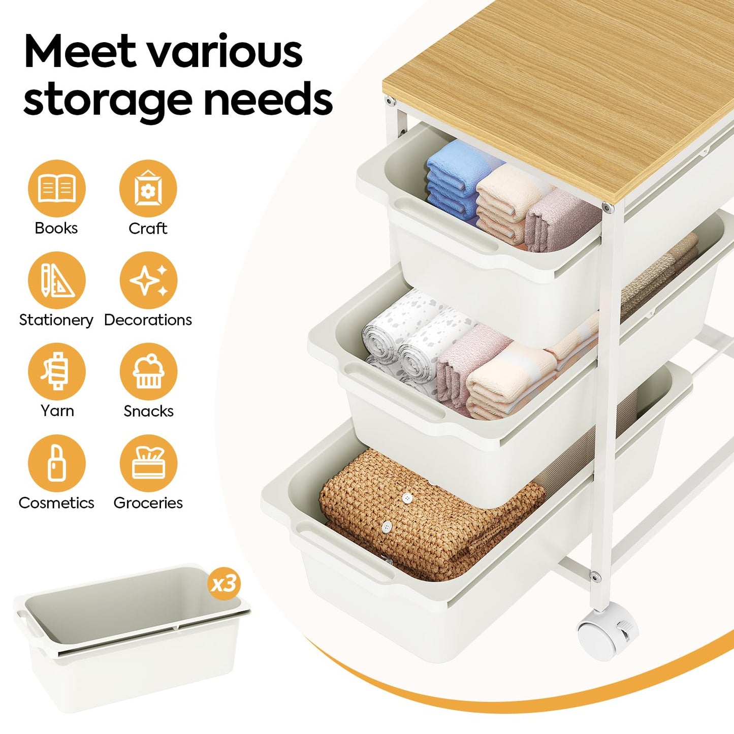 Slim Rolling Storage Cart with 3 Drawers, Craft Organizer, Wooden Tabletop Utility Cart for Bedroom, Children's Room and Office Organization, Under Desk Trolley with Lockable Wheels,White