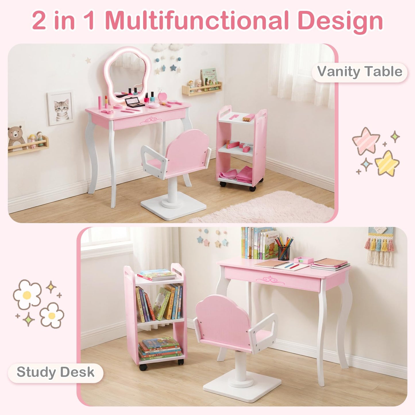 Olakids Kids Vanity with Lights and Barber Chair, Wooden Princess Makeup Dressing Desk with Mirror, Storage Shelf, Toy Accessories, Toddler Table and Chair Set Pretend Playset for Girls Aged 3+
