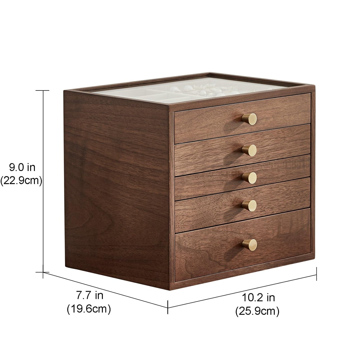 Homruilink Black Walnut Wooden Jewelry Box Women large 5 Layer Drawer Wood Organizer Box with Glass Lid for Necklaces, Watch, Necklace, Ring, Earring Storage - Fathers Day Gift
