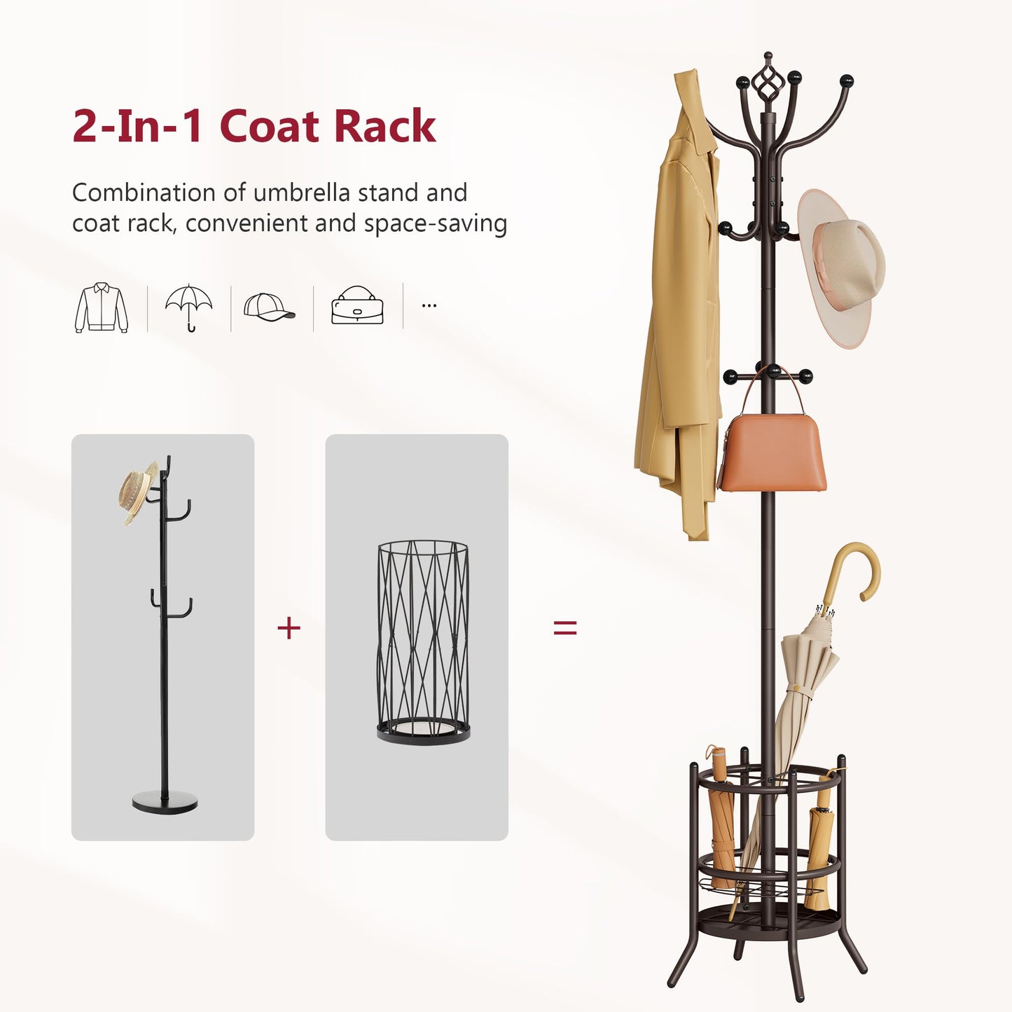 Tajsoon Coat Rack Stand with Umbrella Holder, Coat Tree Freestanding with 16 Hooks, Coat Hangers Stand for Living Room, Bedroom, Office, Brown