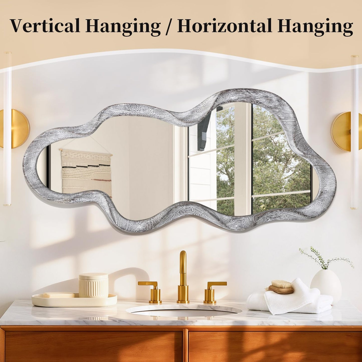 Lzuso Irregular Wooden Framed Wall Mirror Modern Asymmetrical Unique Hanging Mirror Artistic Unique Cloud Shape Wall Decor Bathroom Vanity Bedroom Living Room Entryway Hallway Large 47" x 22"