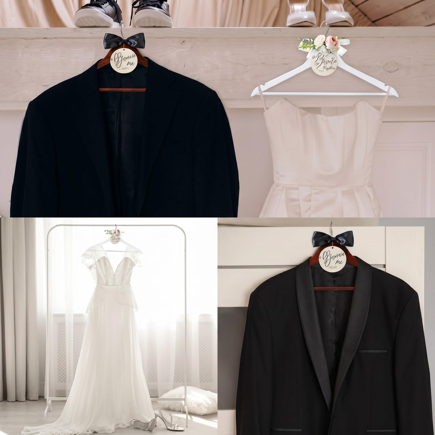 FillTouch 2 Pack Bride Hanger for Wedding Dress Elegant Bride Dress and Groom Tuxedo Suit Wooden Hanger with Bow Tie for Wedding Day Gift Supplies Bridal Party Shower(Pink)