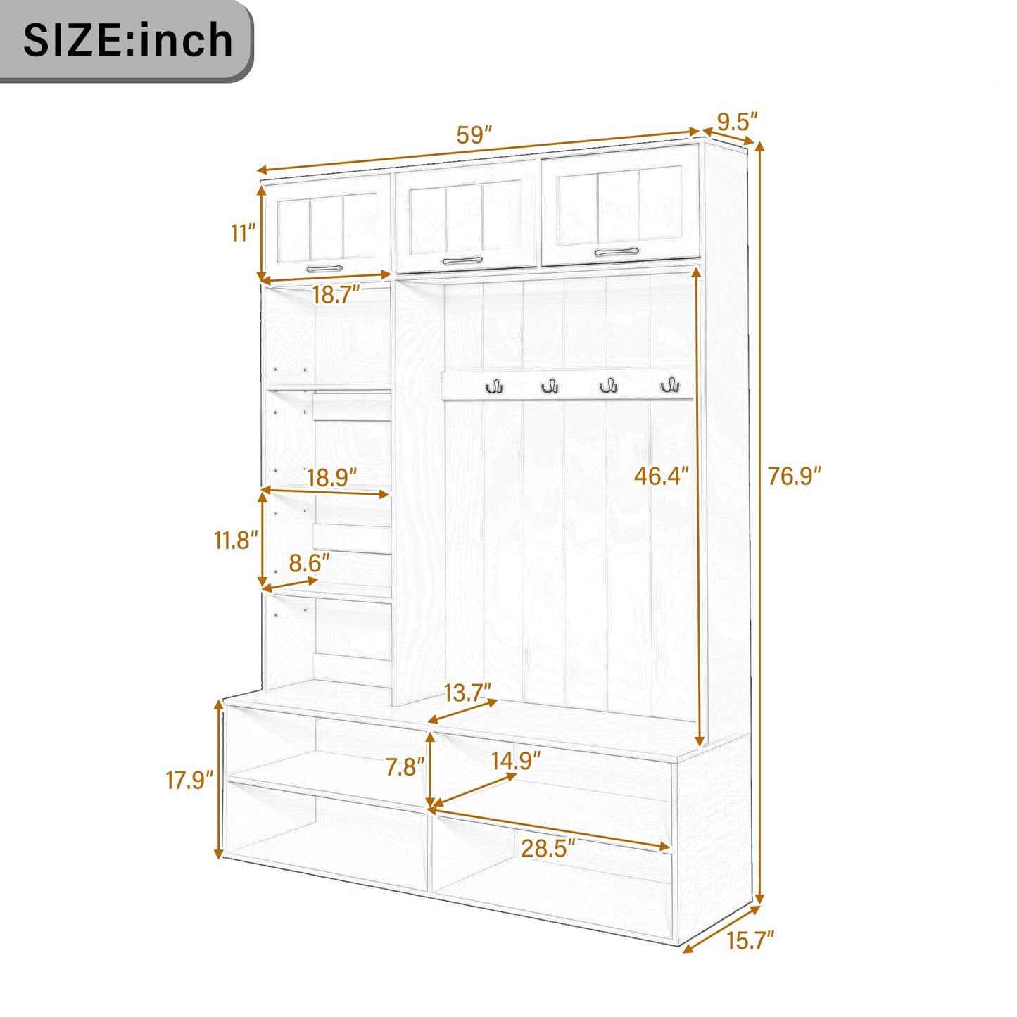 5-in-1 Hall Tree with Bench, Entryway Storage Organizer Cabinet, White