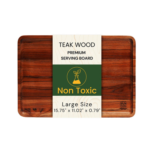 Premium Natural Teak Wood Medium Rectangular Serving Tray – Solid Wooden Display & Drink Tray 15.75 x 11.02 x 0.79 Inch with Raised Rim – Coffee, Wine, Food & Entertaining Tray for Kitchen & Home