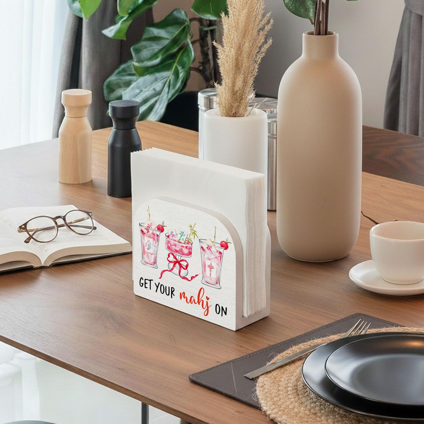 YRDBGHZDF Coquette Bow Mahjong Cocktail Wood Napkin Holder, Mahjong Lover Player Gifts Wooden Standing Napkin Dispenser for Table Kitchen Dining Room Bar Pub Lounge Decorations