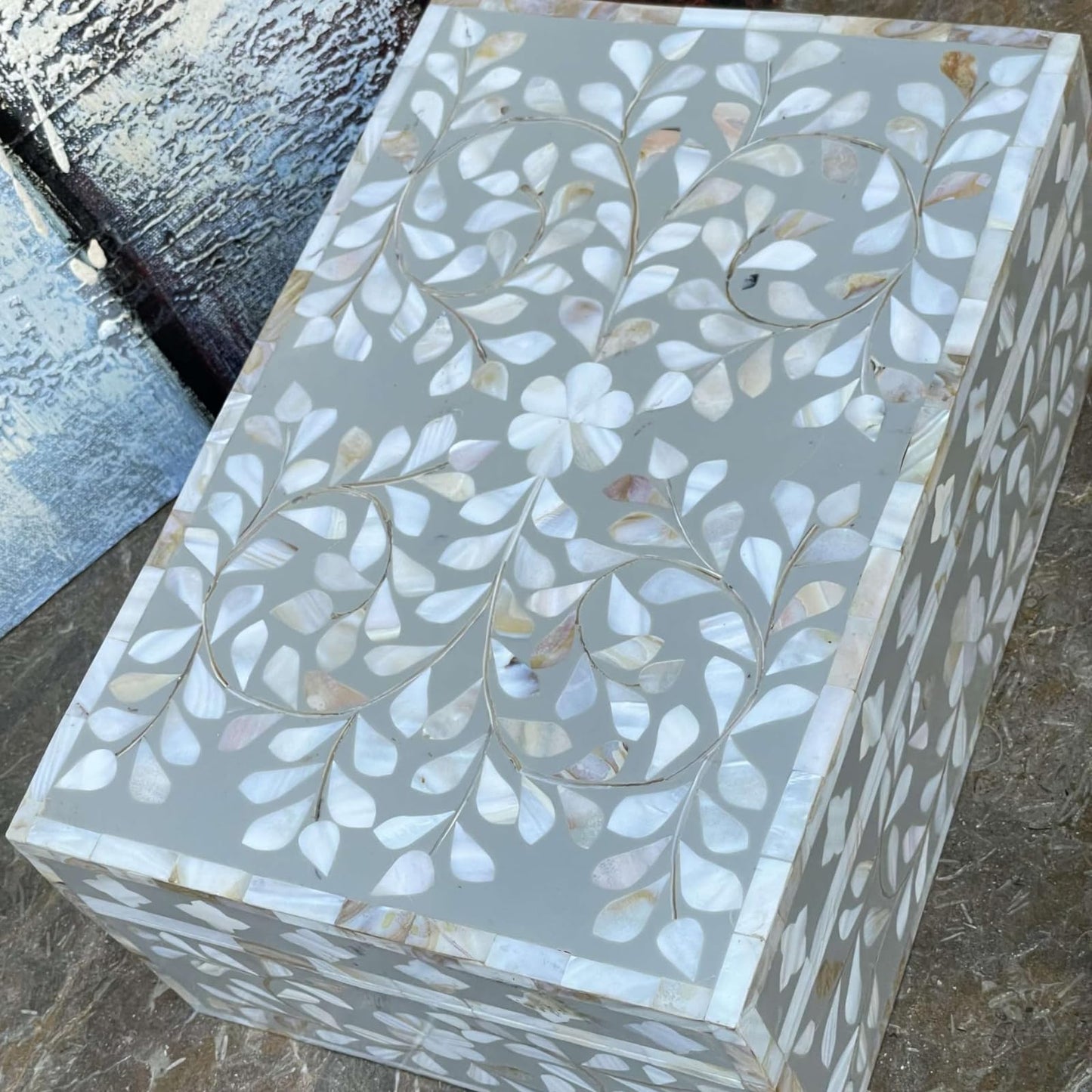 HANDMADE ENTARO Decorative Wooden Storage Box with Mother of Pearl Inlay – Elegant Floral Design – Perfect for Home Décor in Living Room, Dining Area, or Bedroom (Grey, 12x8x5 inches)