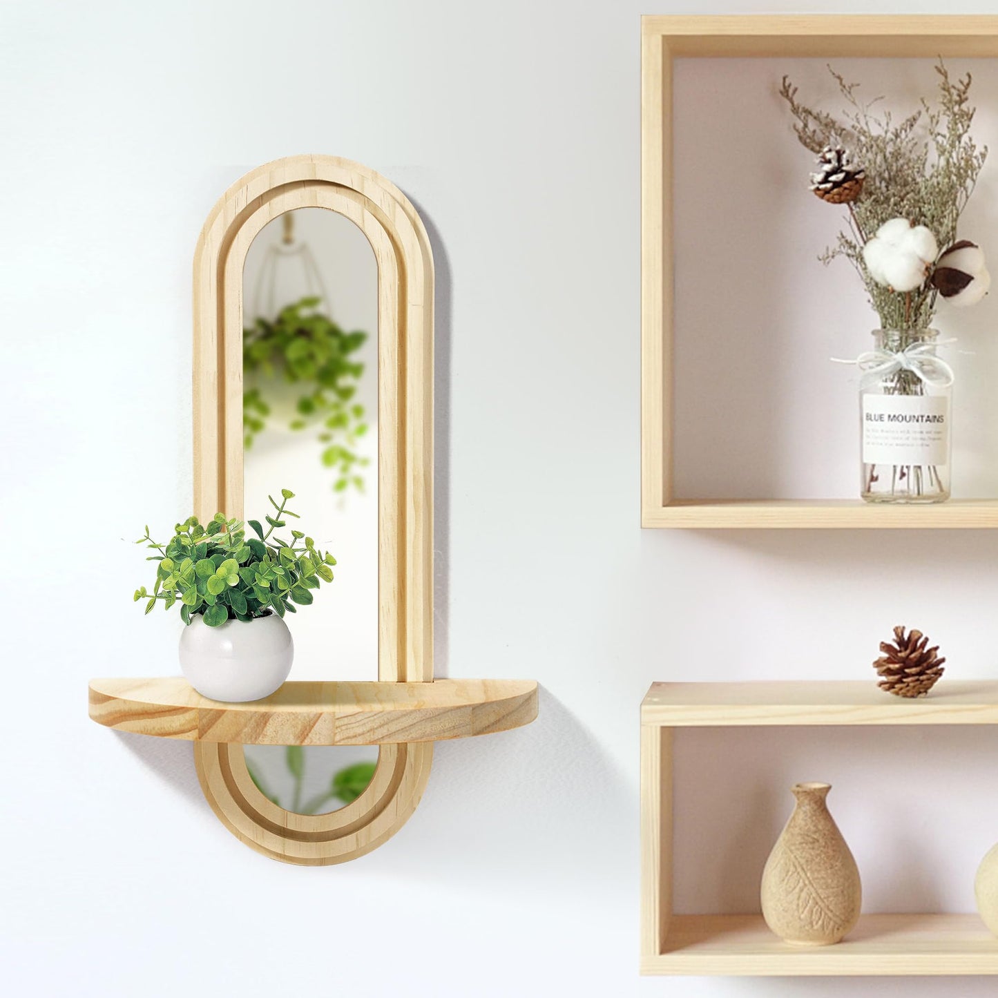 WUTAOBON Wooden Wall Floating Shelves, 2PC Boho Arched Wall Shelf,Decorative Mounted Display Shelf with Acrylic Frameless Mirror, Nature Wood Shelves for Home Holding Planter Decoration