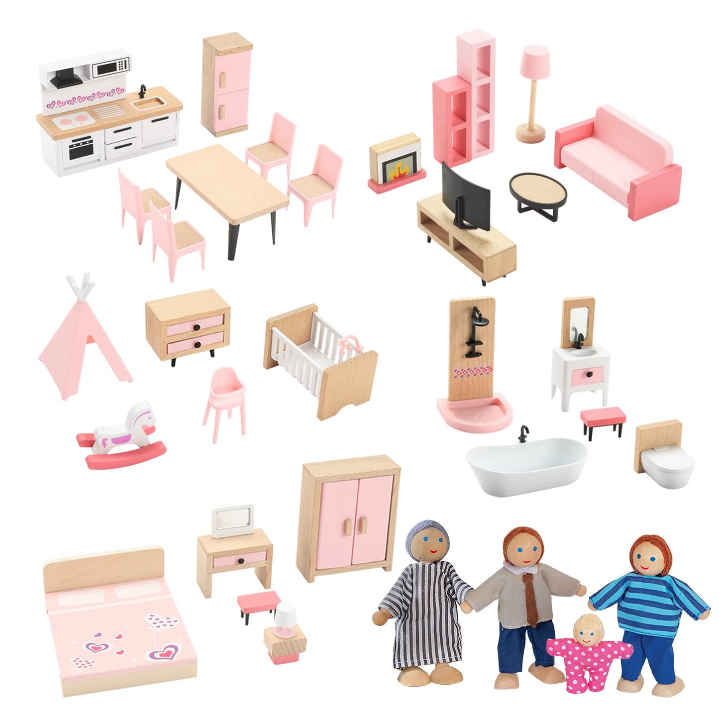 Wooden Dollhouse Furniture Set, 72pcs Furnitures with 8 Family Dolls, Dollhouse Accessories Pretend Play Furniture Toys