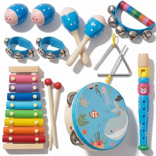 Wooden Musical Instruments Set for Toddlers 1-3, Natural Wood Percussion Instruments Xylophone Gift Set for Girls Boys Kids ,Preschool Educational Musical Toys with Storage Bag