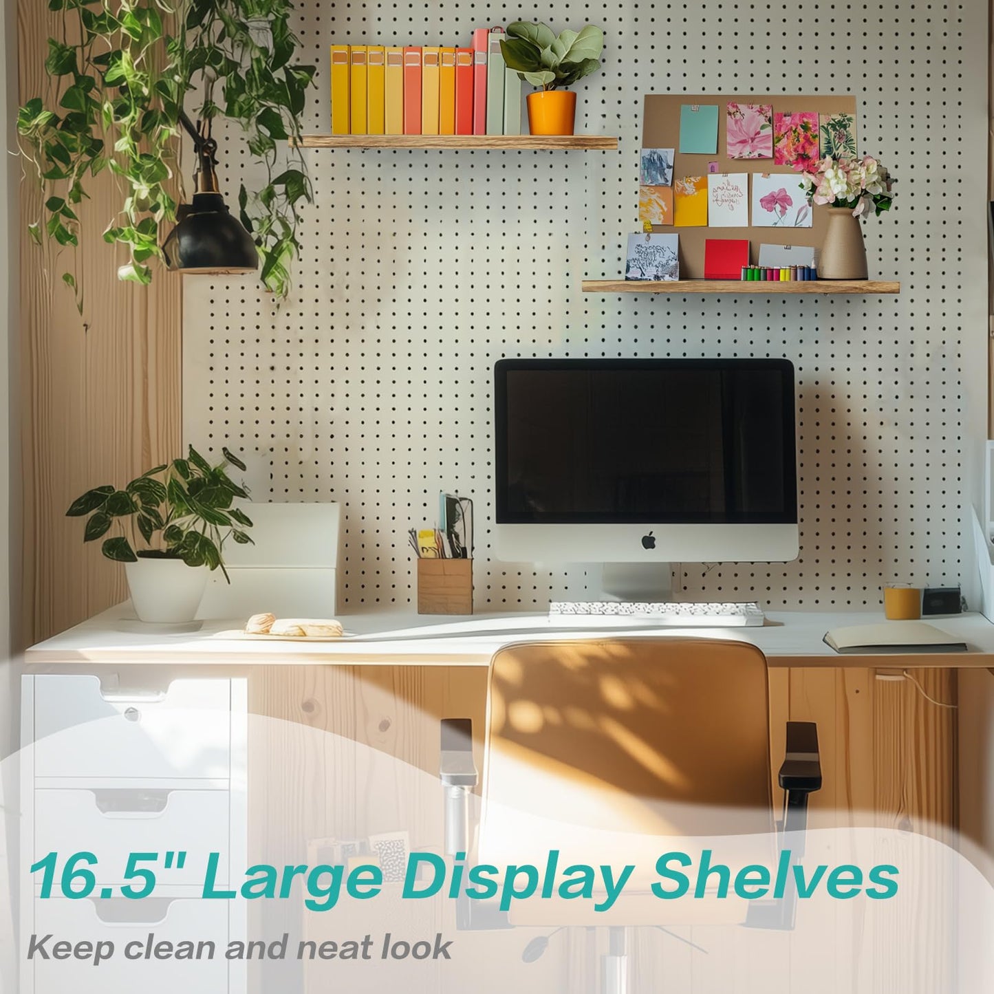 Pegboard Shelves, 16" x 6" Large Peg Board Racks 2Pack Wall Organizer Shelf, 1/4 inch Heavy Duty Metal Brackets Fit All Pegboards, Wood Slats, Craft Garage Workbench Office Shelving Accessories (Wood)