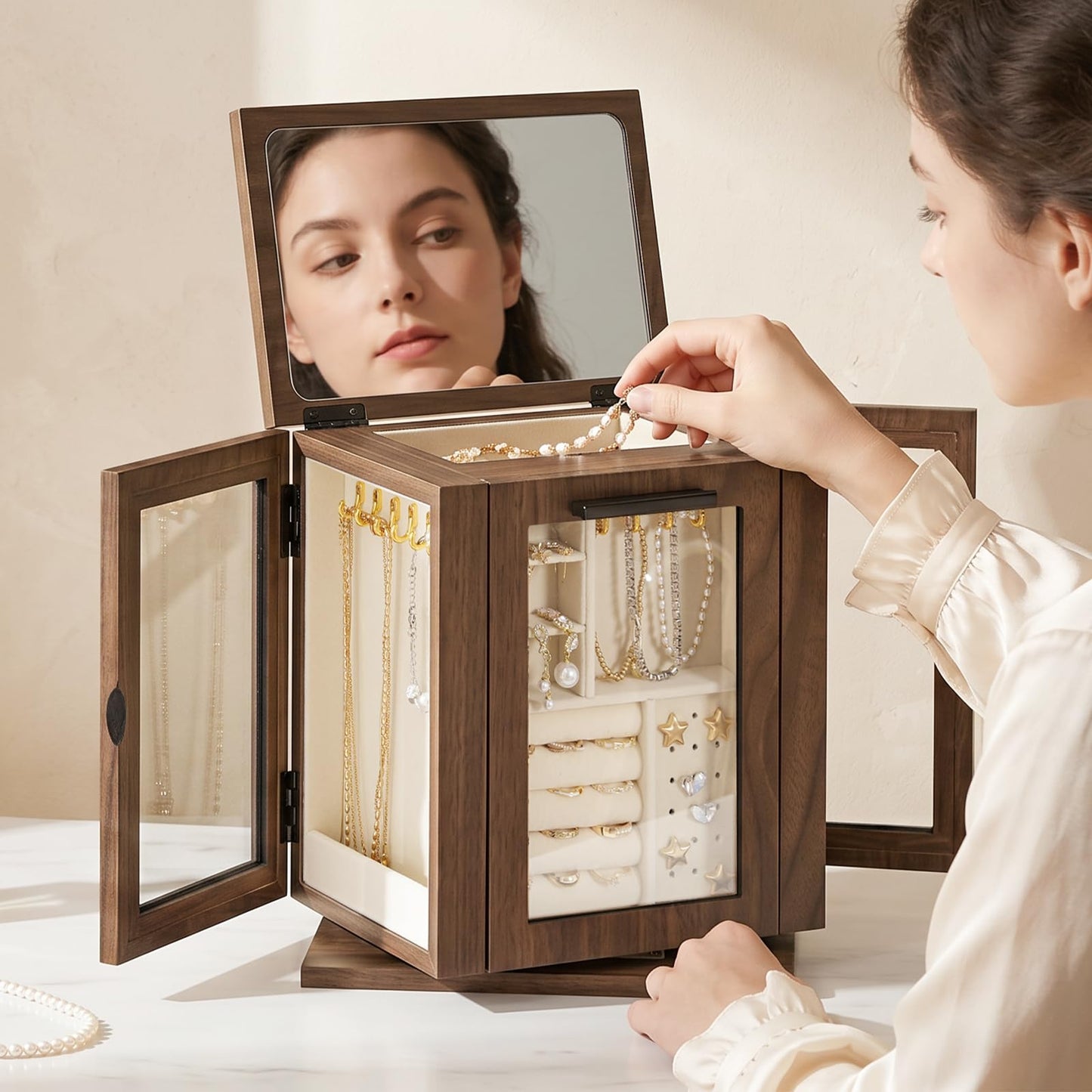 HOOBRO Jewelry Box for Women, Wooden Jewelry Organizer with Transparent Window and 360° Rotating Jewelry Box with Mirror, Jewelry Organizer with 4 Drawers Bundle, BH09JB04-BH31JB04