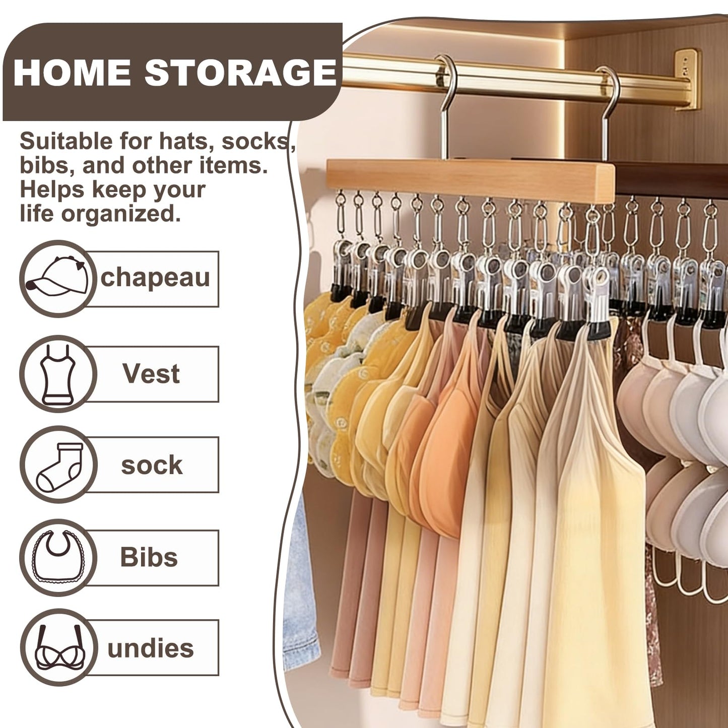 Shgxjjnb Wooden Rotating Pants Hanger, Closet Organizer with 12 Clips, Space Saving Hanging Clothes Legging Wardrobe Organizer for Jeans, Hats, Shorts, Socks (Brown+Nature, 2Pack)